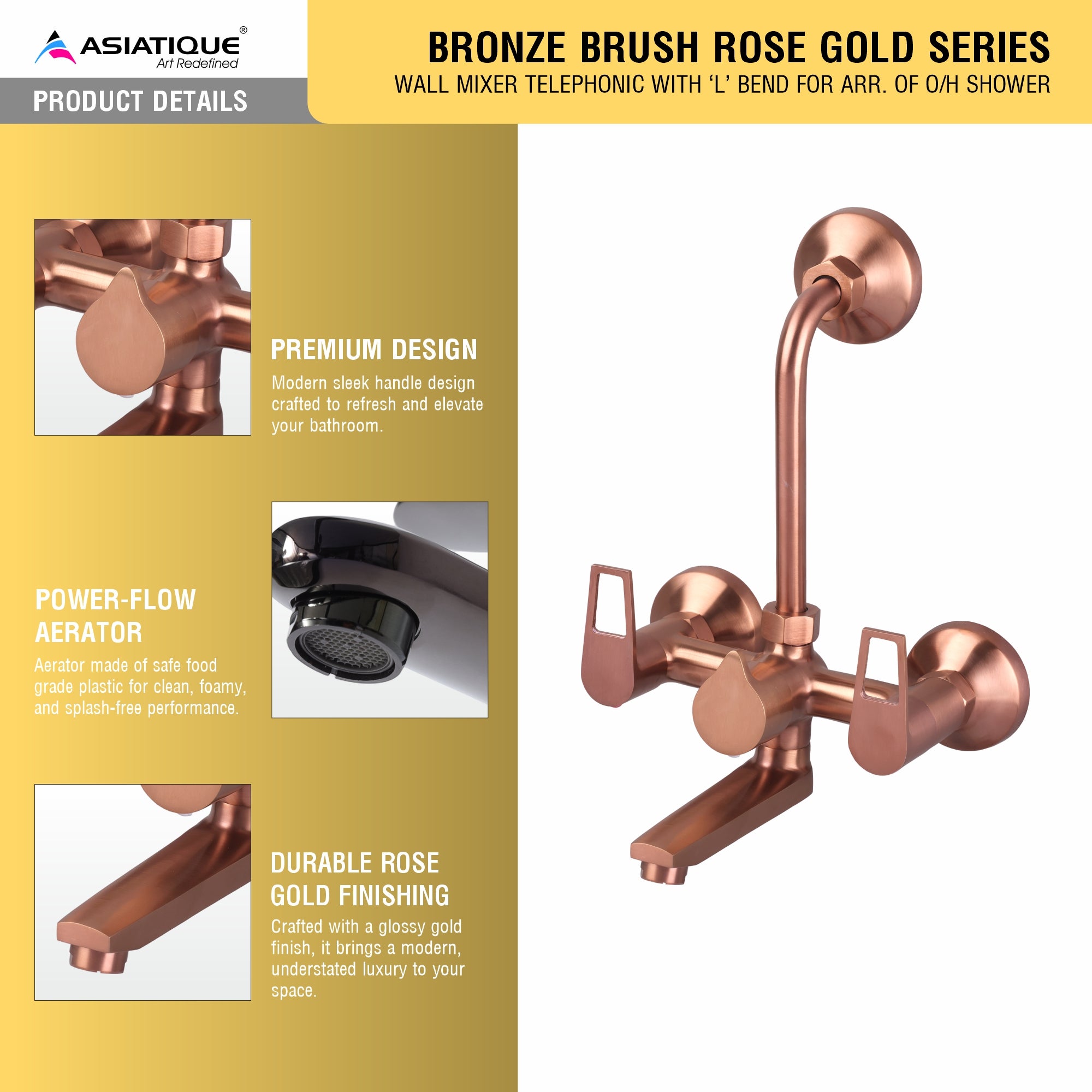 Asiatique Wall Mixer Telephonic With ‘L’ Bend for ARR. Of O/H Shower (BRG-017 M), Button & Plate, Bronze Brush Rose Gold Series Bathroom & Kitchen Faucets