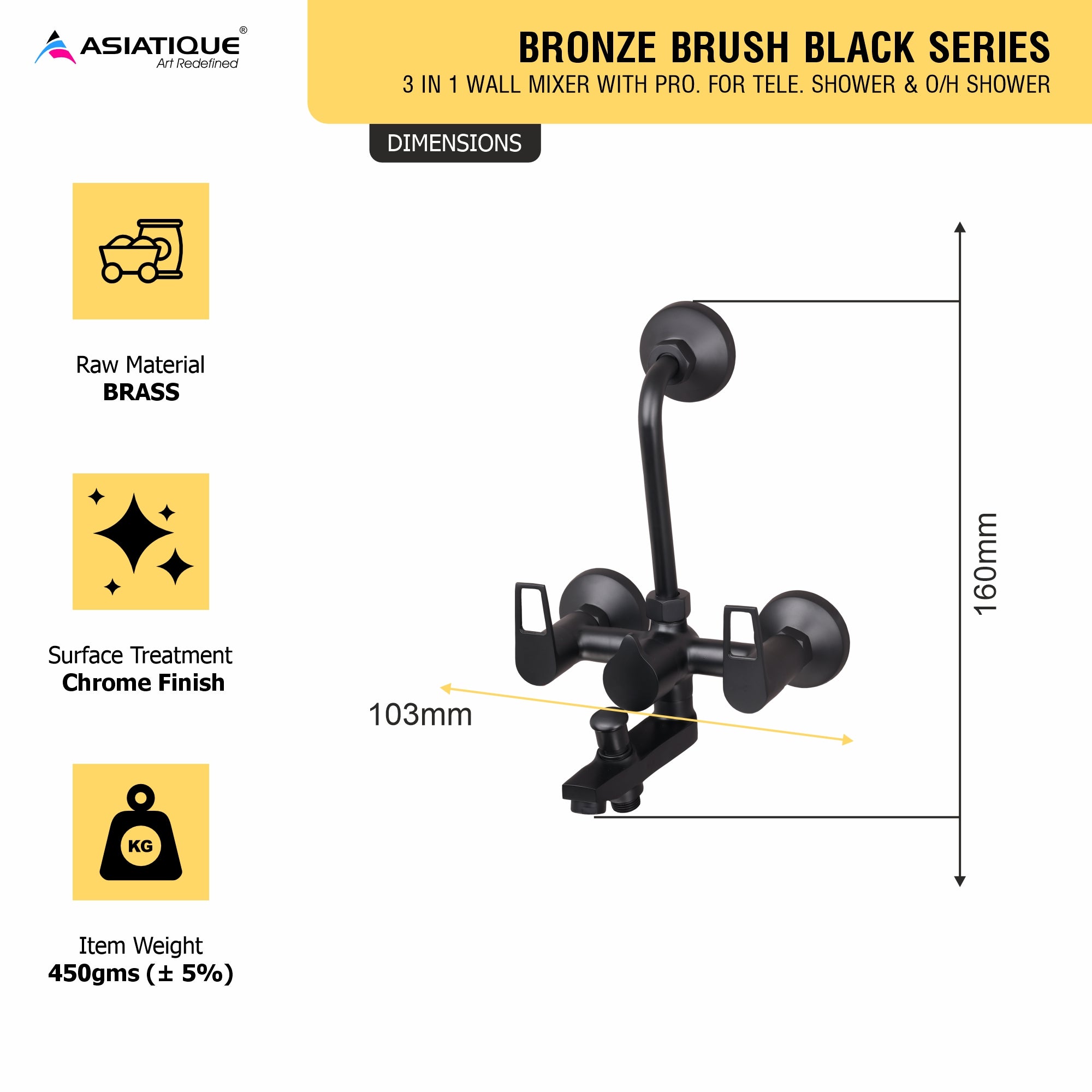 Asiatique 3 in 1 Wall Mixer With Pro. For Tele. Shower & O/H Shower (BB-018 M), Bronze Brush Black Series Bathroom & Kitchen Faucets