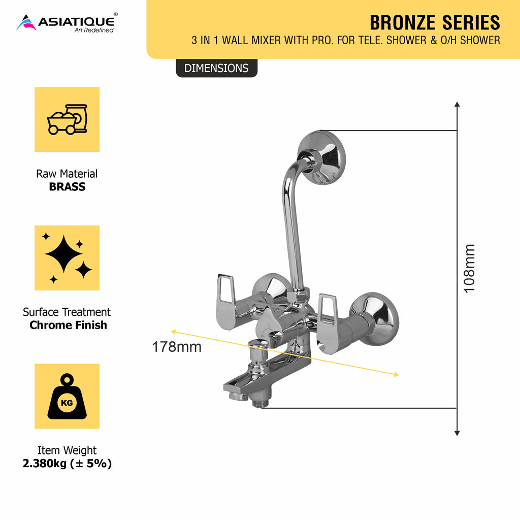 Asiatique 3 in 1 Wall Mixer With Pro. For Tele. Shower & O/H Shower (B-018), Bronze Series Premium Brass Faucet Collection, Chrome Basin Mixers, Pillar Cocks, Sink Mixers & Bathroom Taps