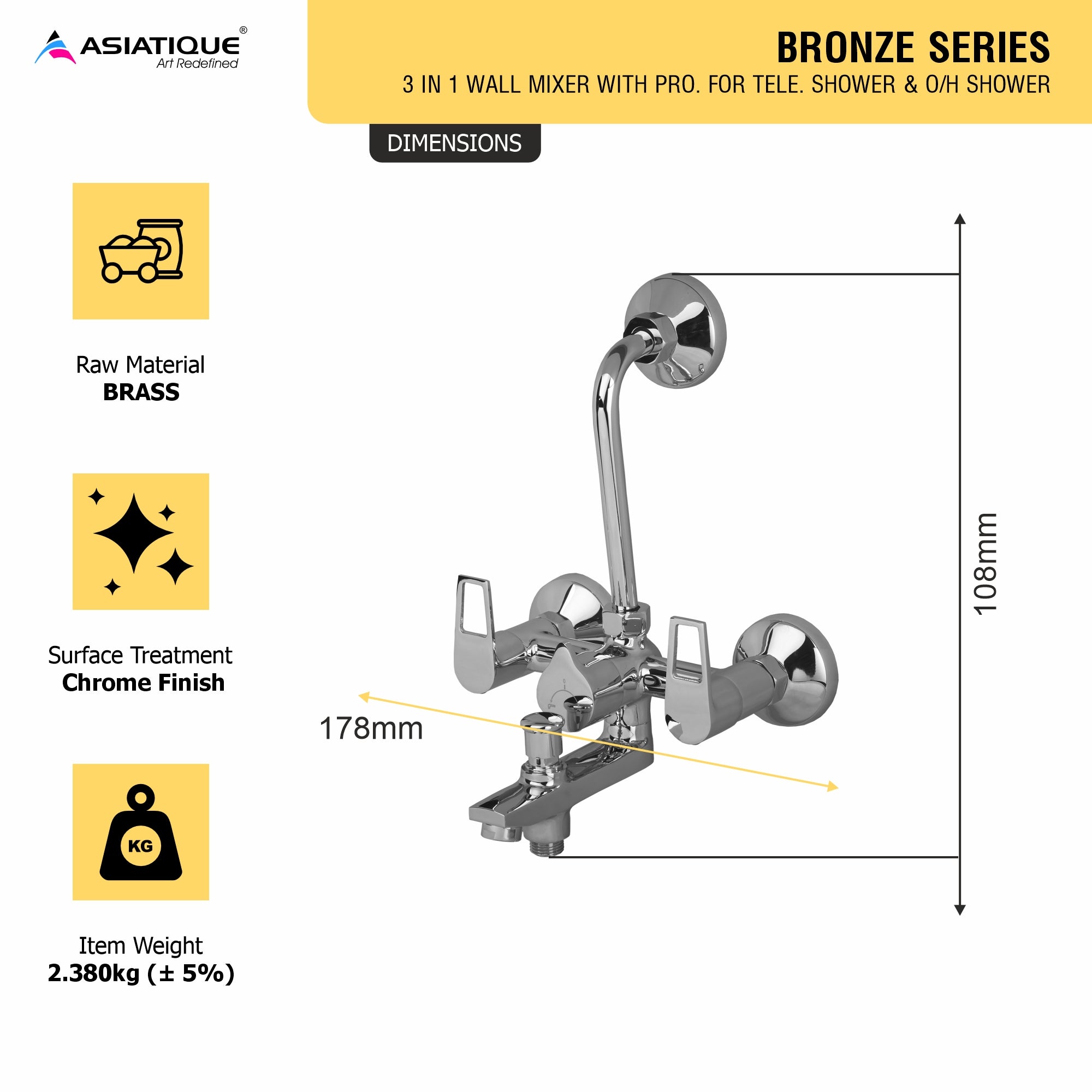 Asiatique 3 in 1 Wall Mixer With Pro. For Tele. Shower & O/H Shower (B-018), Bronze Series Premium Brass Faucet Collection, Chrome Basin Mixers, Pillar Cocks, Sink Mixers & Bathroom Taps