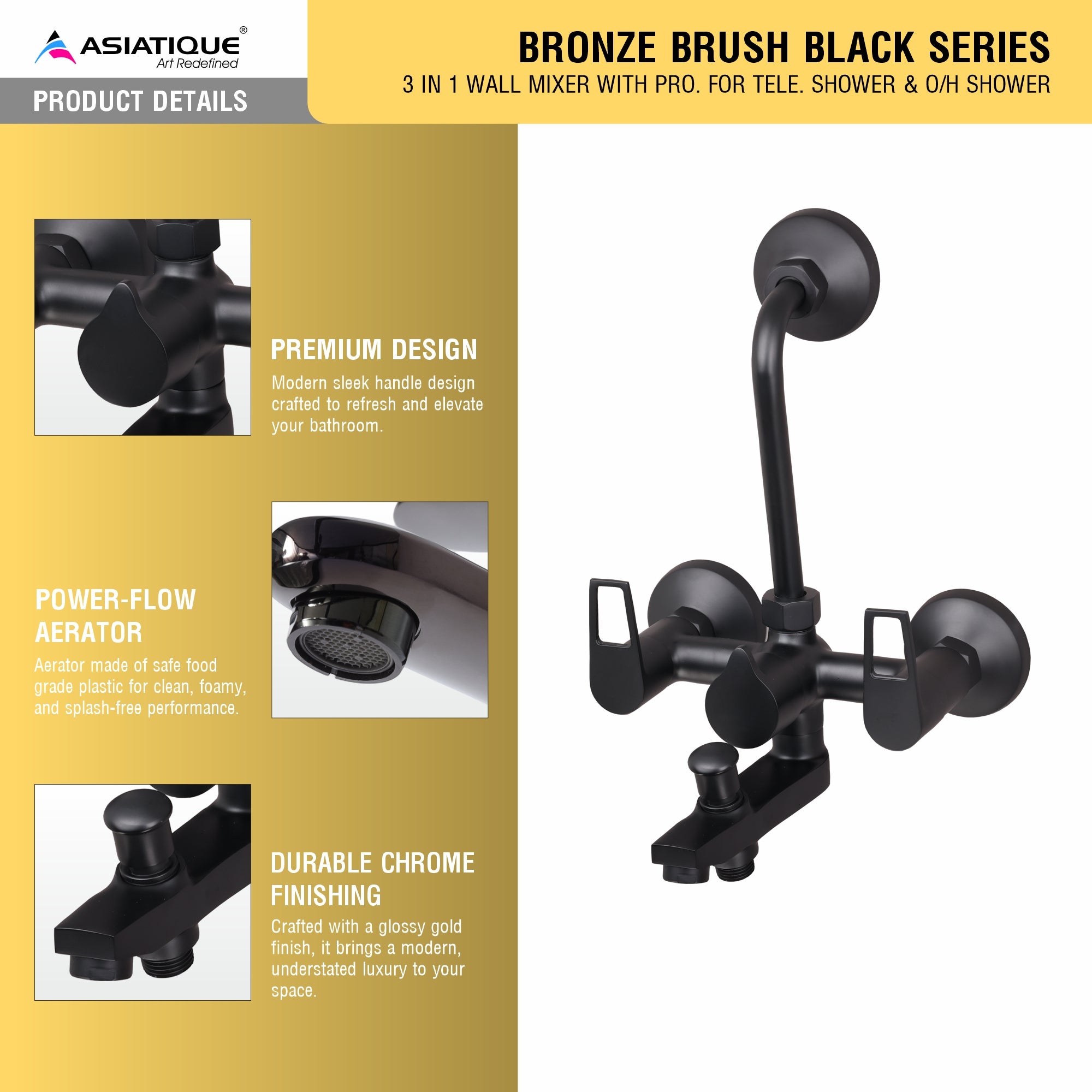 Asiatique 3 in 1 Wall Mixer With Pro. For Tele. Shower & O/H Shower (BB-018 M), Bronze Brush Black Series Bathroom & Kitchen Faucets