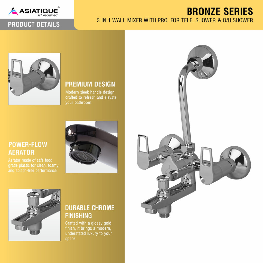 Asiatique 3 in 1 Wall Mixer With Pro. For Tele. Shower & O/H Shower (B-018), Bronze Series Premium Brass Faucet Collection, Chrome Basin Mixers, Pillar Cocks, Sink Mixers & Bathroom Taps