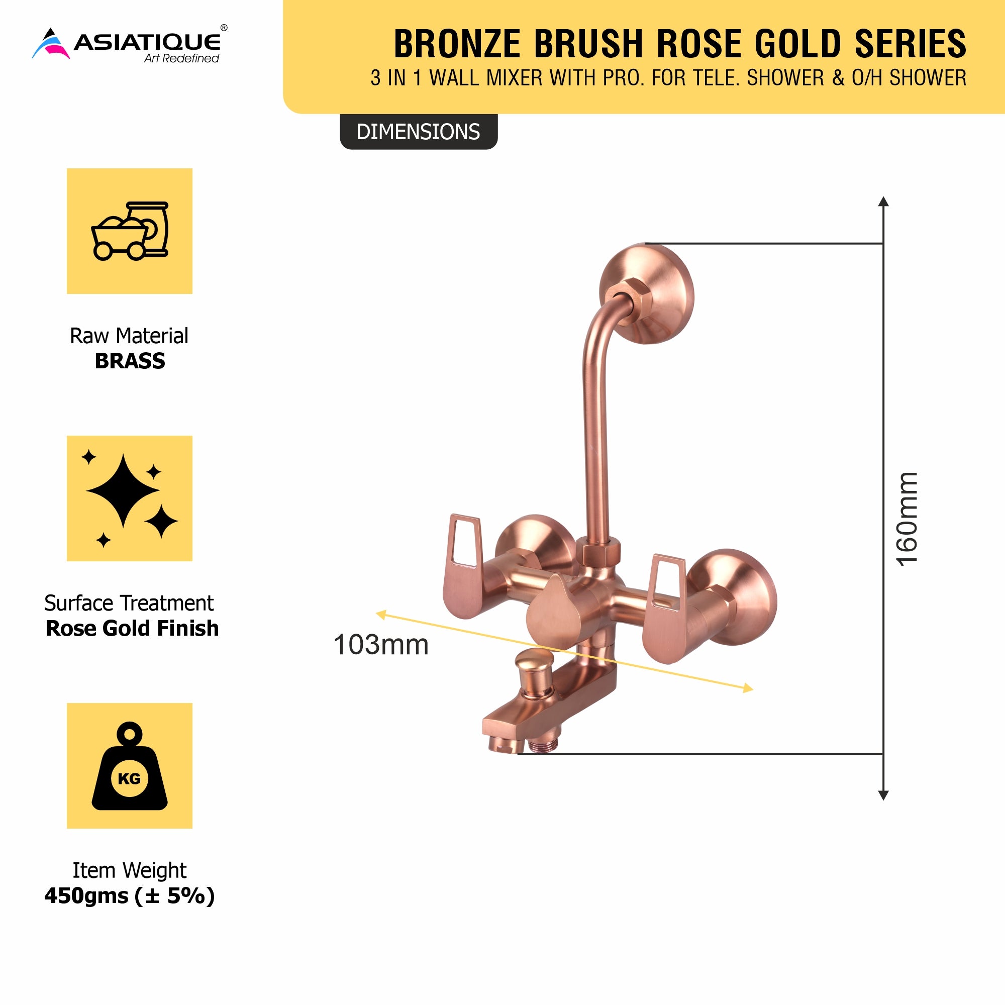 Asiatique 3 in 1 Wall Mixer With Pro. For Tele. Shower & O/H Shower (BRG-018 M), Button & Plate, Bronze Brush Rose Gold Series Bathroom & Kitchen Faucets