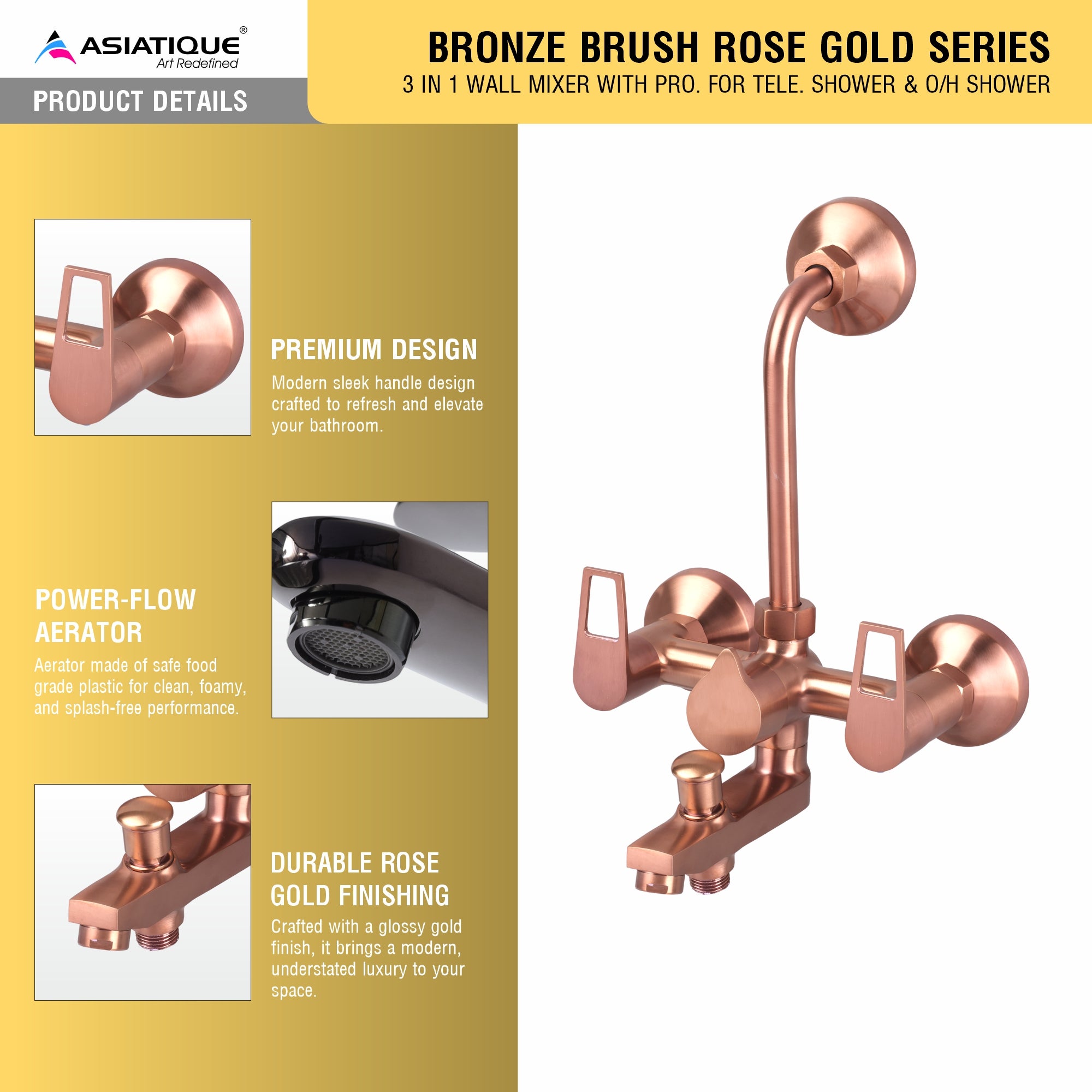 Asiatique 3 in 1 Wall Mixer With Pro. For Tele. Shower & O/H Shower (BRG-018 M), Button & Plate, Bronze Brush Rose Gold Series Bathroom & Kitchen Faucets