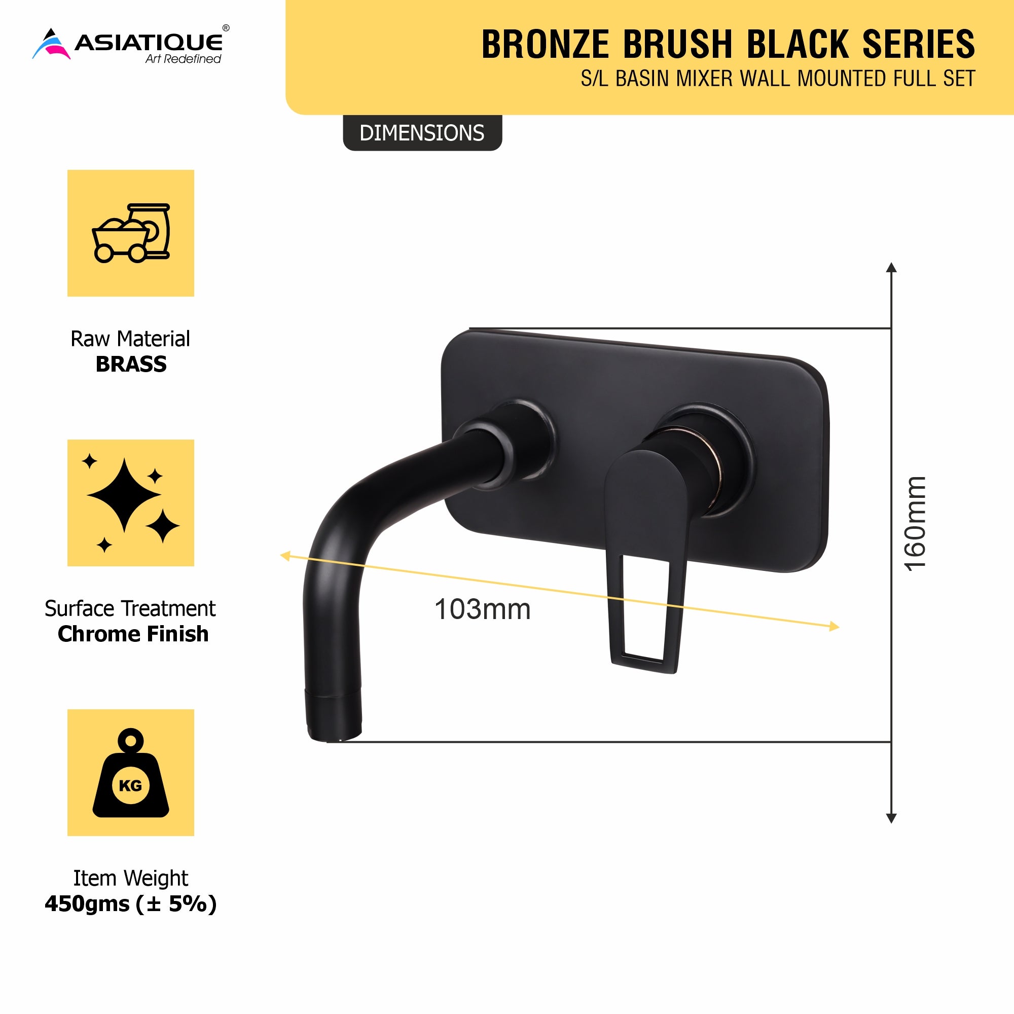 Asiatique S/L Basin Mixer Wall Mounted Full Set (BB-019 M), Bronze Brush Black Series Bathroom & Kitchen Faucets