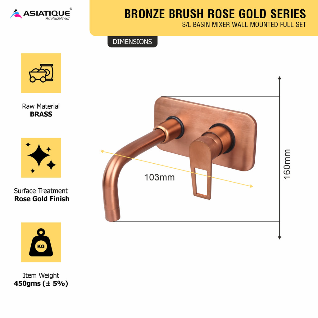 Asiatique S/L Basin Mixer Wall Mounted Full Set (BRG-019 M), Button & Plate, Bronze Brush Rose Gold Series Bathroom & Kitchen Faucets