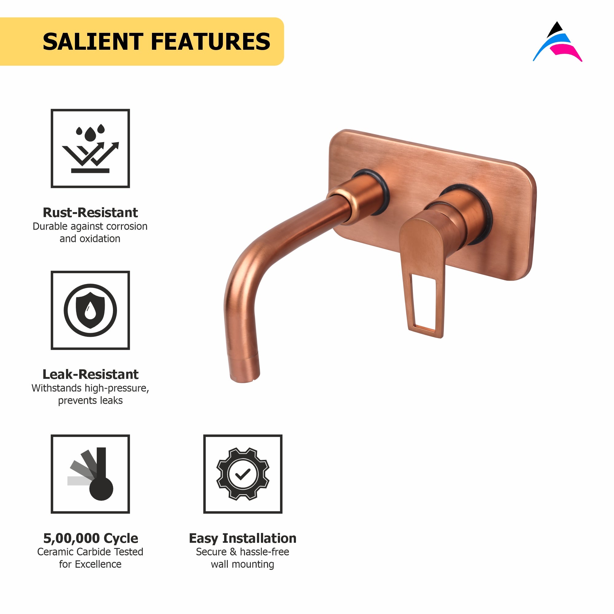 Asiatique S/L Basin Mixer Wall Mounted Full Set (BRG-019 M), Button & Plate, Bronze Brush Rose Gold Series Bathroom & Kitchen Faucets