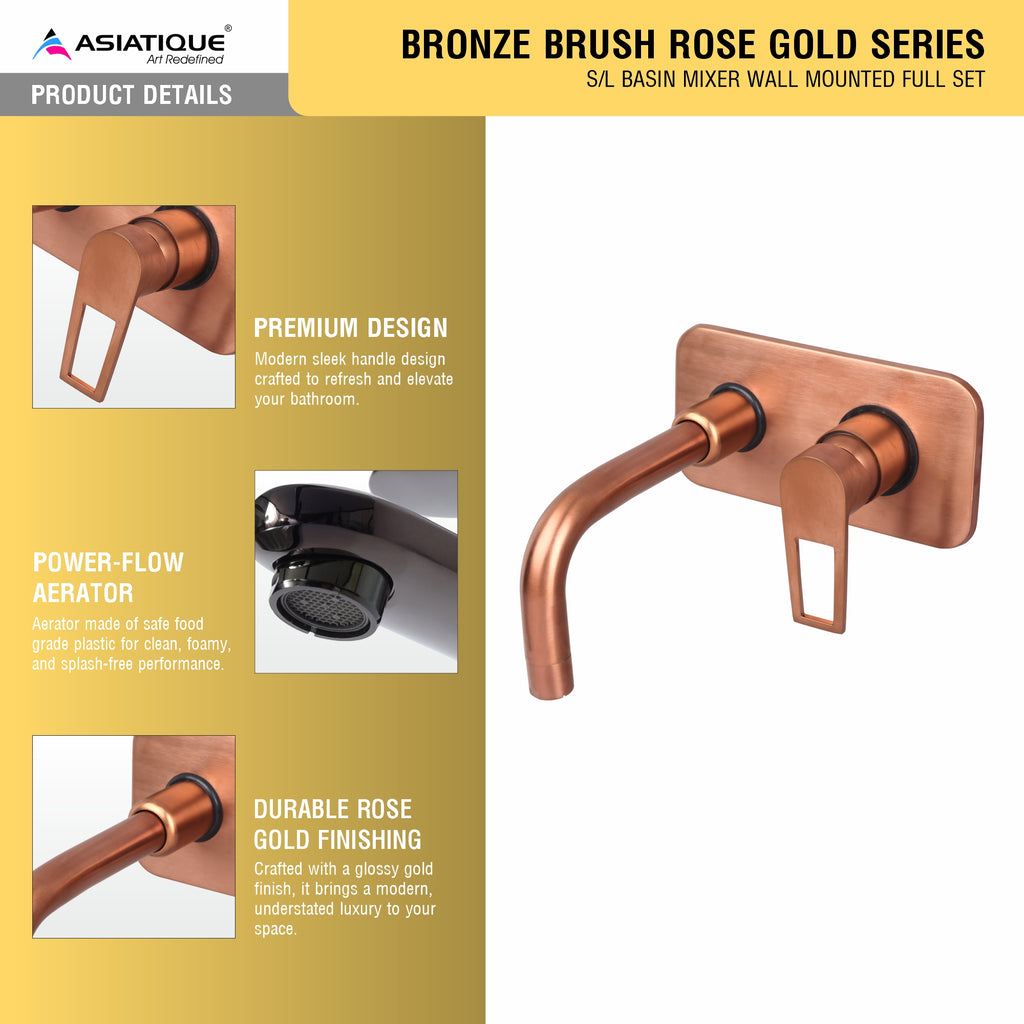 Asiatique S/L Basin Mixer Wall Mounted Full Set (BRG-019 M), Button & Plate, Bronze Brush Rose Gold Series Bathroom & Kitchen Faucets