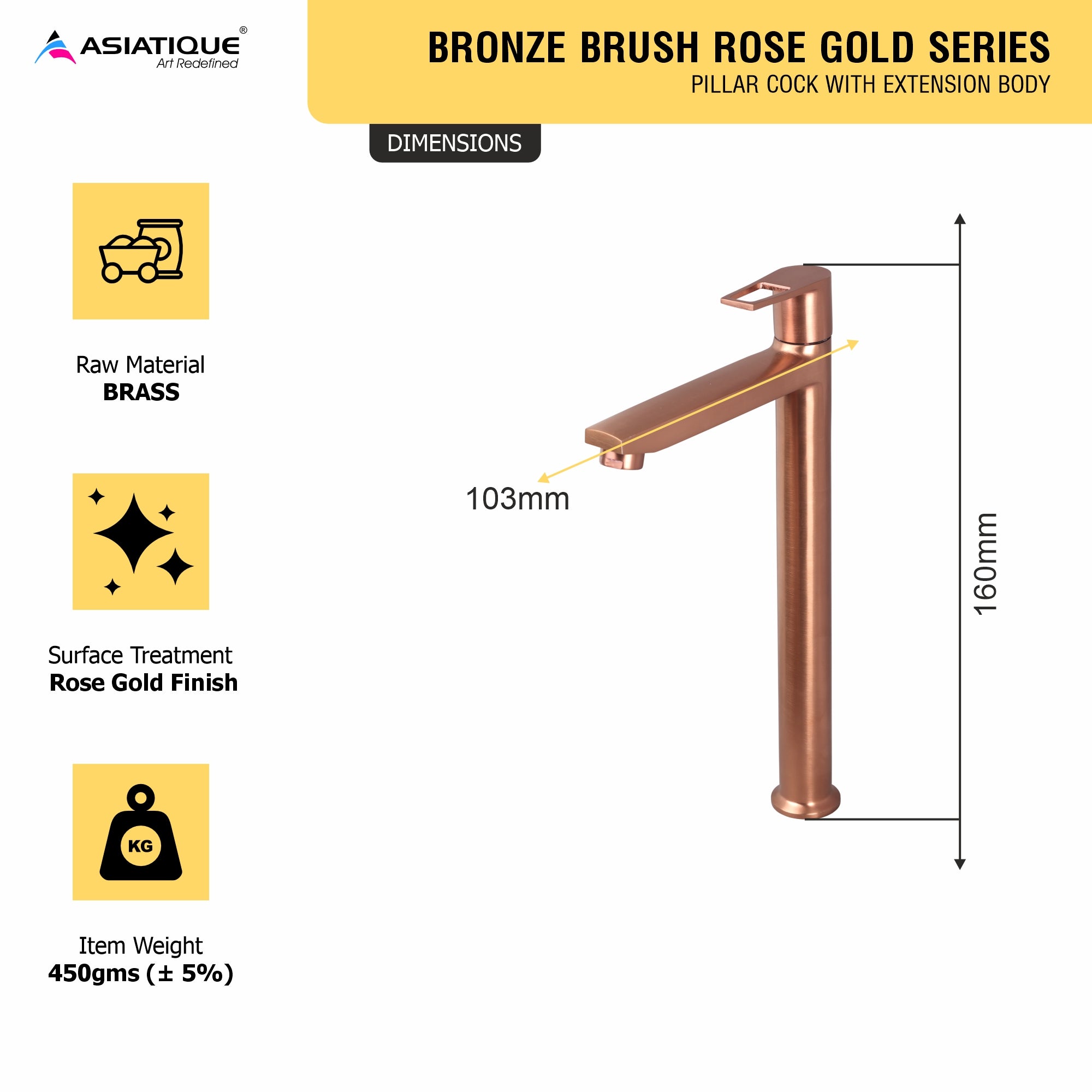 Asiatique Pillar Cock With Extension Body (BRG-023 M), Button & Plate, Bronze Brush Rose Gold Series Bathroom & Kitchen Faucets