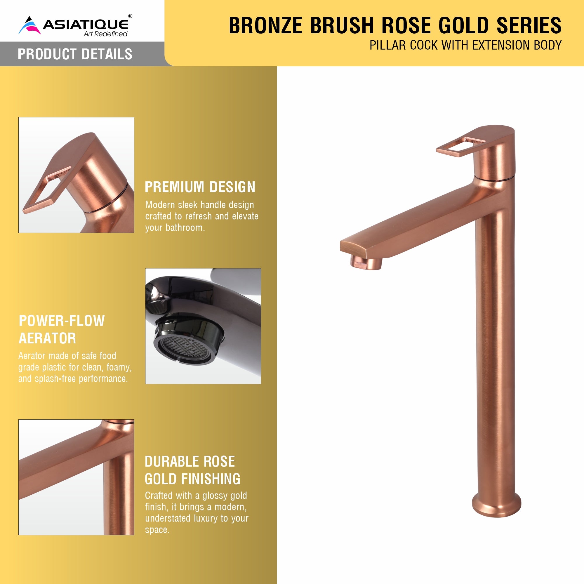 Asiatique Pillar Cock With Extension Body (BRG-023 M), Button & Plate, Bronze Brush Rose Gold Series Bathroom & Kitchen Faucets