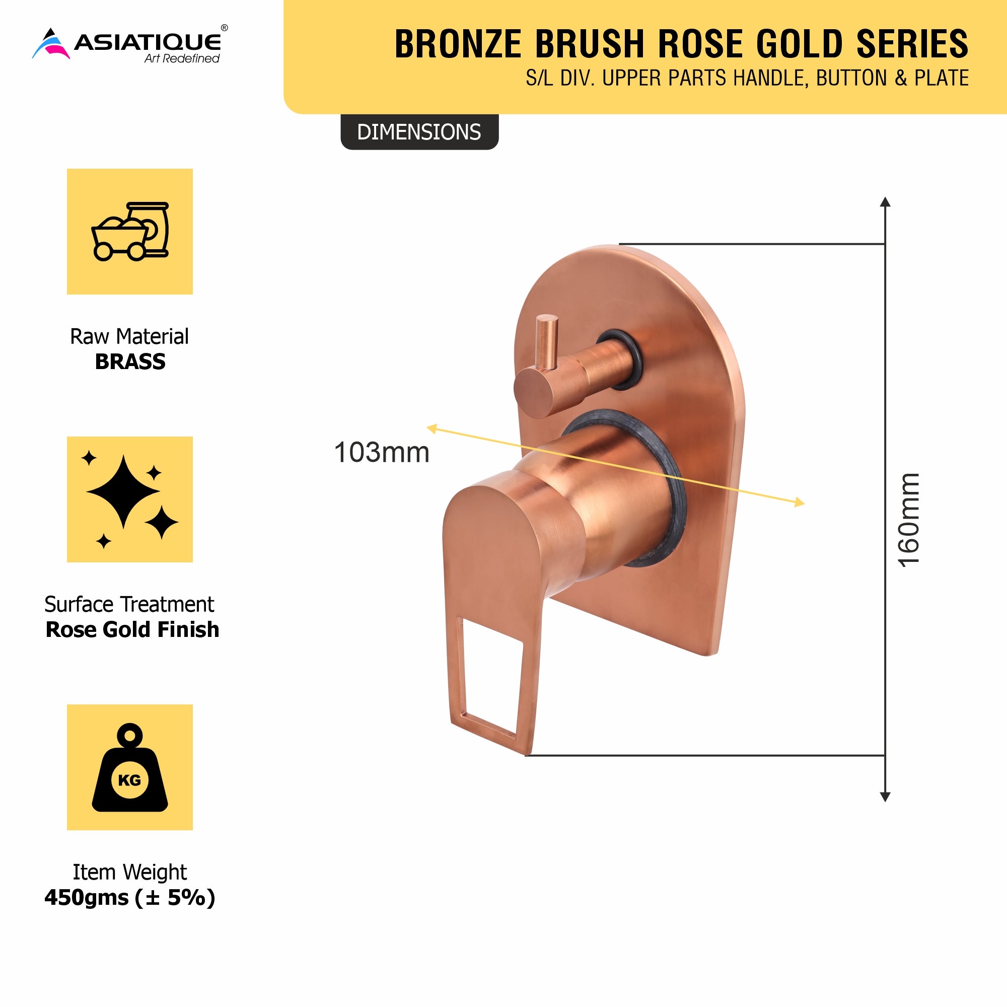 Asiatique S/L Div. Upper Parts Handle (BRG-024 M), Button & Plate, Bronze Brush Rose Gold Series Bathroom & Kitchen Faucets