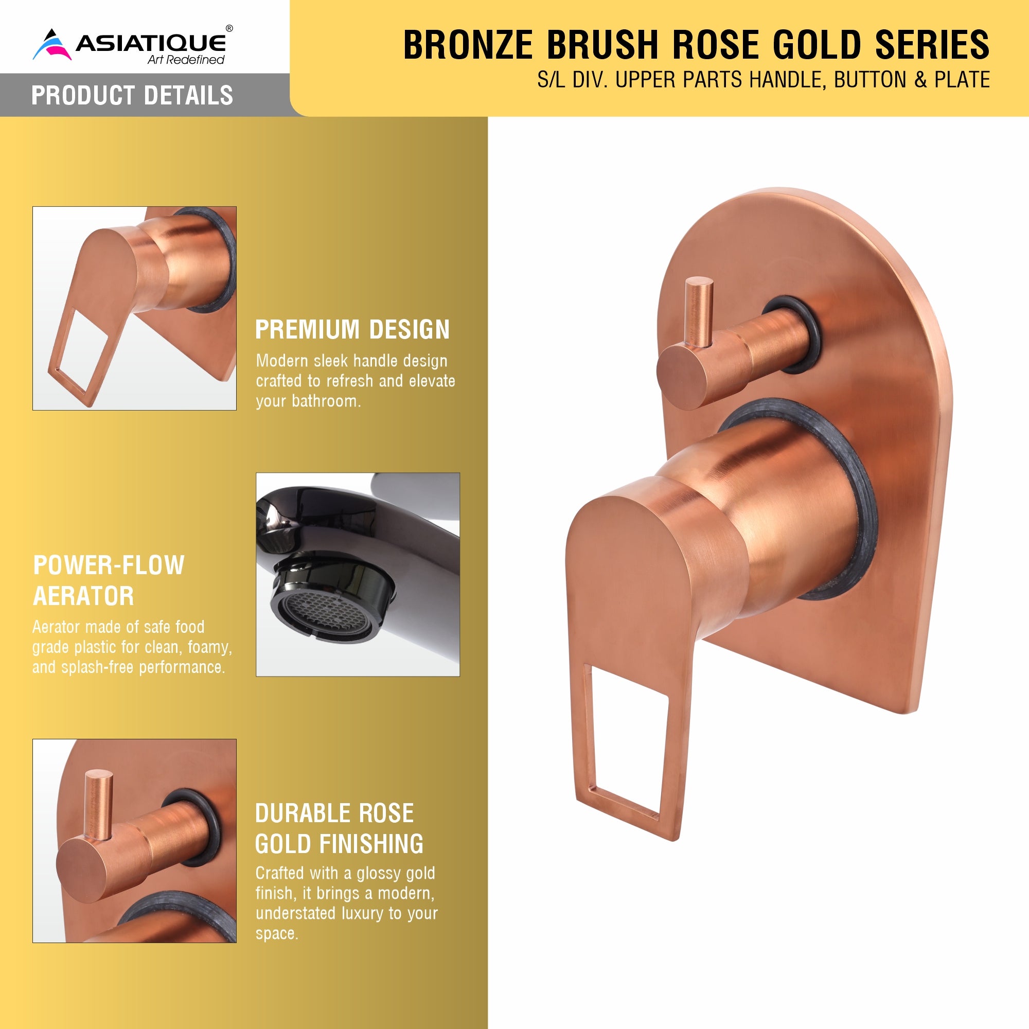Asiatique S/L Div. Upper Parts Handle (BRG-024 M), Button & Plate, Bronze Brush Rose Gold Series Bathroom & Kitchen Faucets
