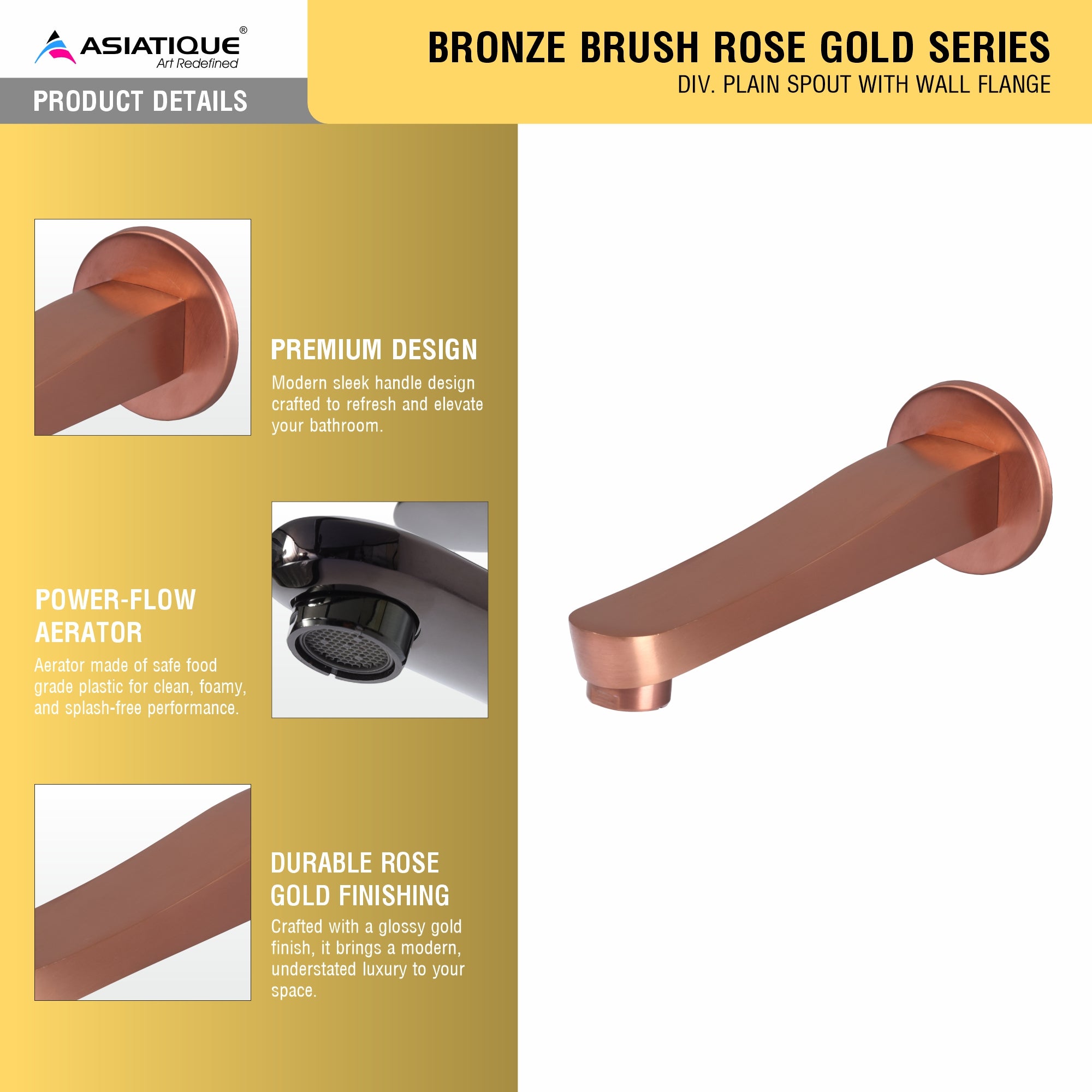 Asiatique Div. Plain Spout With Wall Flange (BRG-025 M), Button & Plate, Bronze Brush Rose Gold Series Bathroom & Kitchen Faucets
