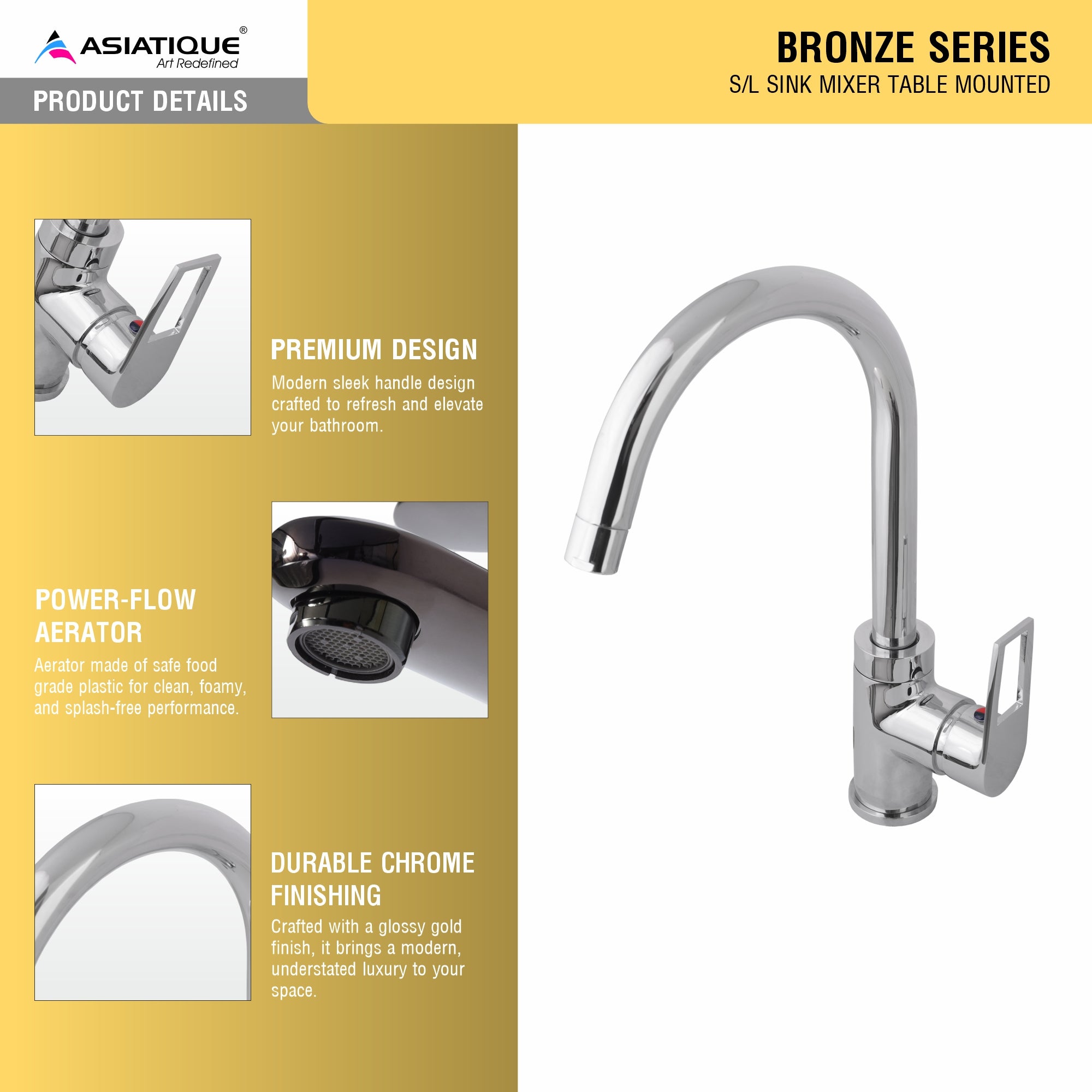 Asiatique S/L Sink Mixer Table Mounted (B-027), Bronze Series Premium Brass Faucet Collection, Chrome Basin Mixers, Pillar Cocks, Sink Mixers & Bathroom Taps