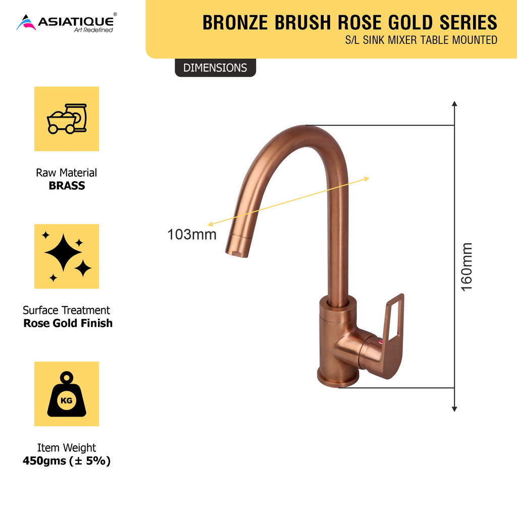Asiatique S/L Sink Mixer Table Mounted (BRG-027 0M), Button & Plate, Bronze Brush Rose Gold Series Bathroom & Kitchen Faucets