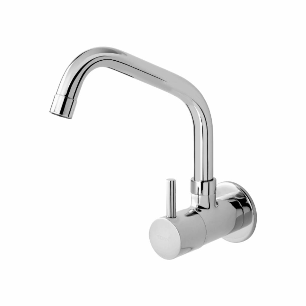 Asiatique Sink Cock With Extended Swivel Spout Wall Mounted With Flange (F-008EX), Florent Premium Brass Bathroom & Kitchen Faucet Collection, Chrome Finish Mixer, Pillar Cock & Wall Mounted Tap