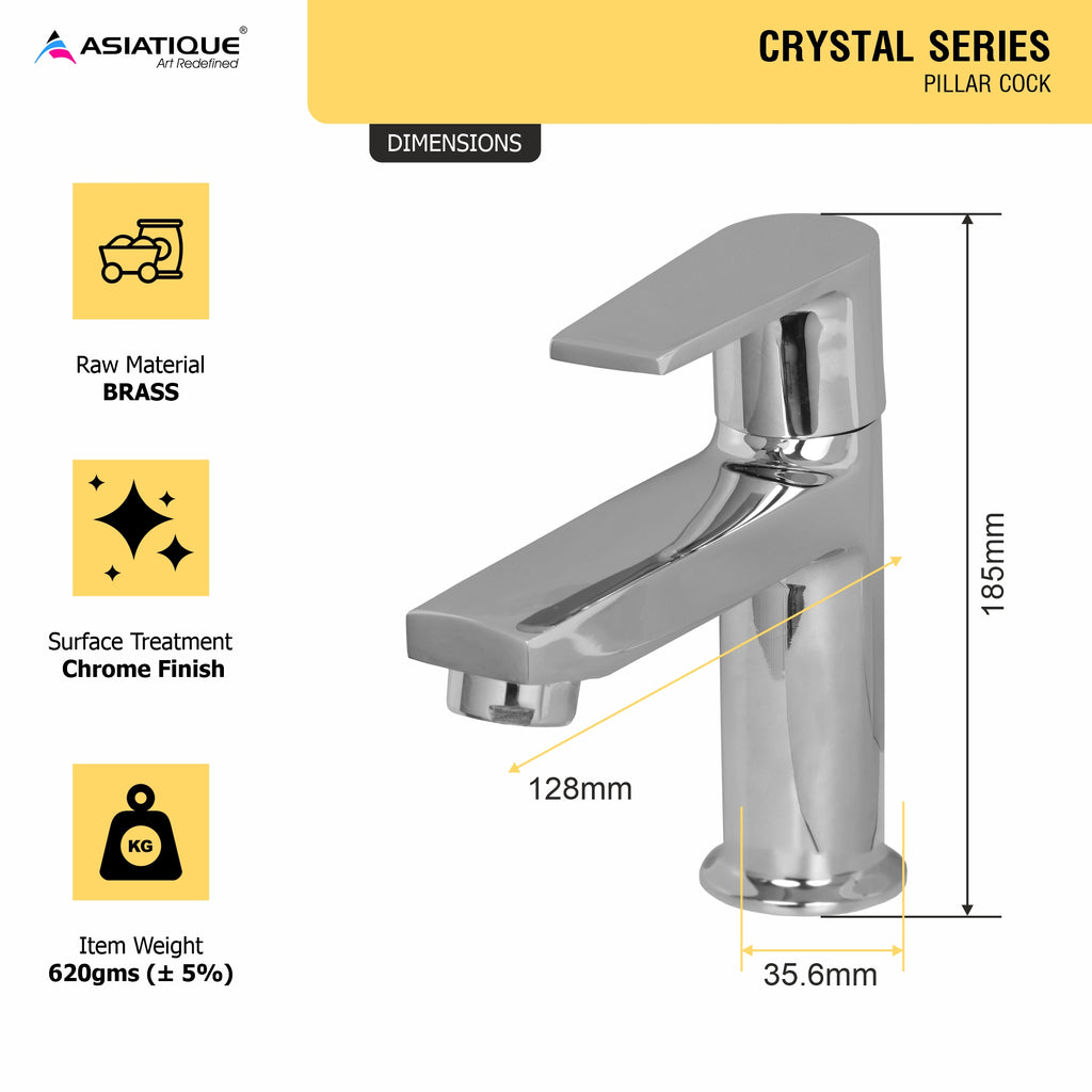 Asiatique Pillar Cock (C-000), Crystal Series Brass Faucet – Chrome Finish Bathroom & Kitchen Faucet with 15mm Cartridge