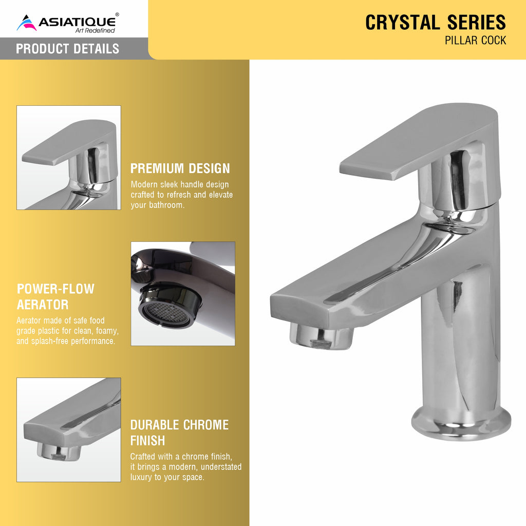 Asiatique Pillar Cock (C-000), Crystal Series Brass Faucet – Chrome Finish Bathroom & Kitchen Faucet with 15mm Cartridge