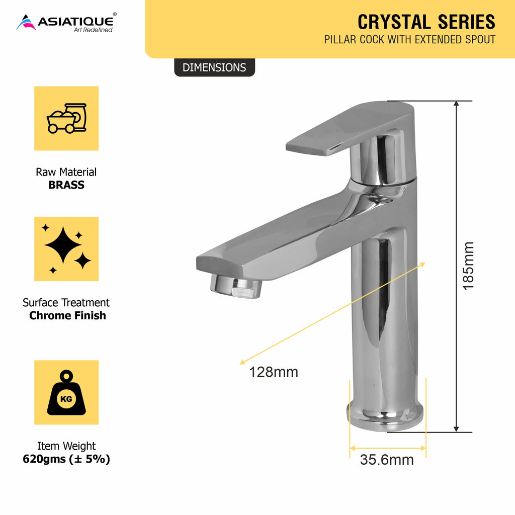Asiatique Pillar Cock With Extended Spout (C-000A), Crystal Series Brass Faucet – Chrome Finish Bathroom & Kitchen Faucet with 15mm Cartridge