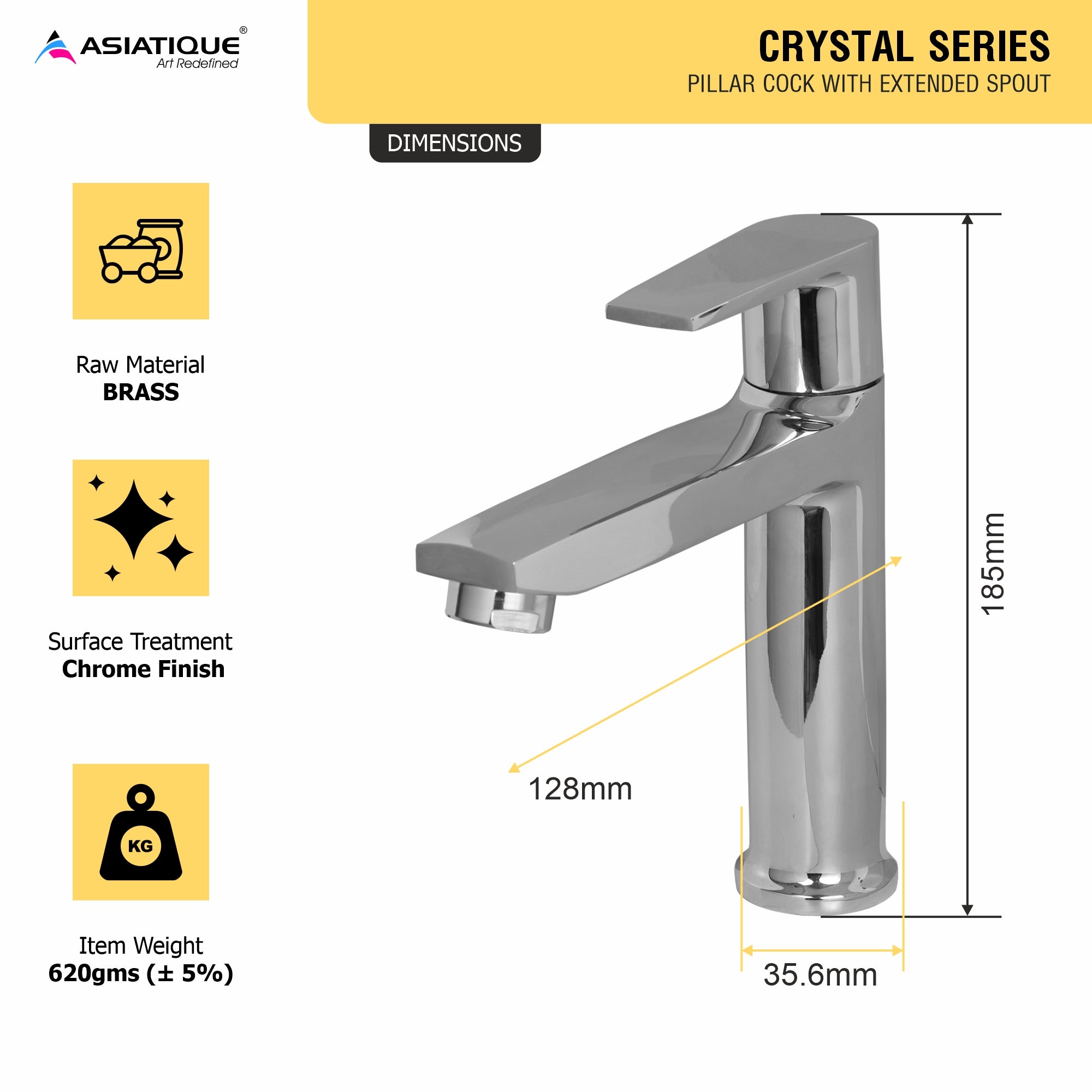 Asiatique Pillar Cock With Extended Spout (C-000A), Crystal Series Brass Faucet – Chrome Finish Bathroom & Kitchen Faucet with 15mm Cartridge
