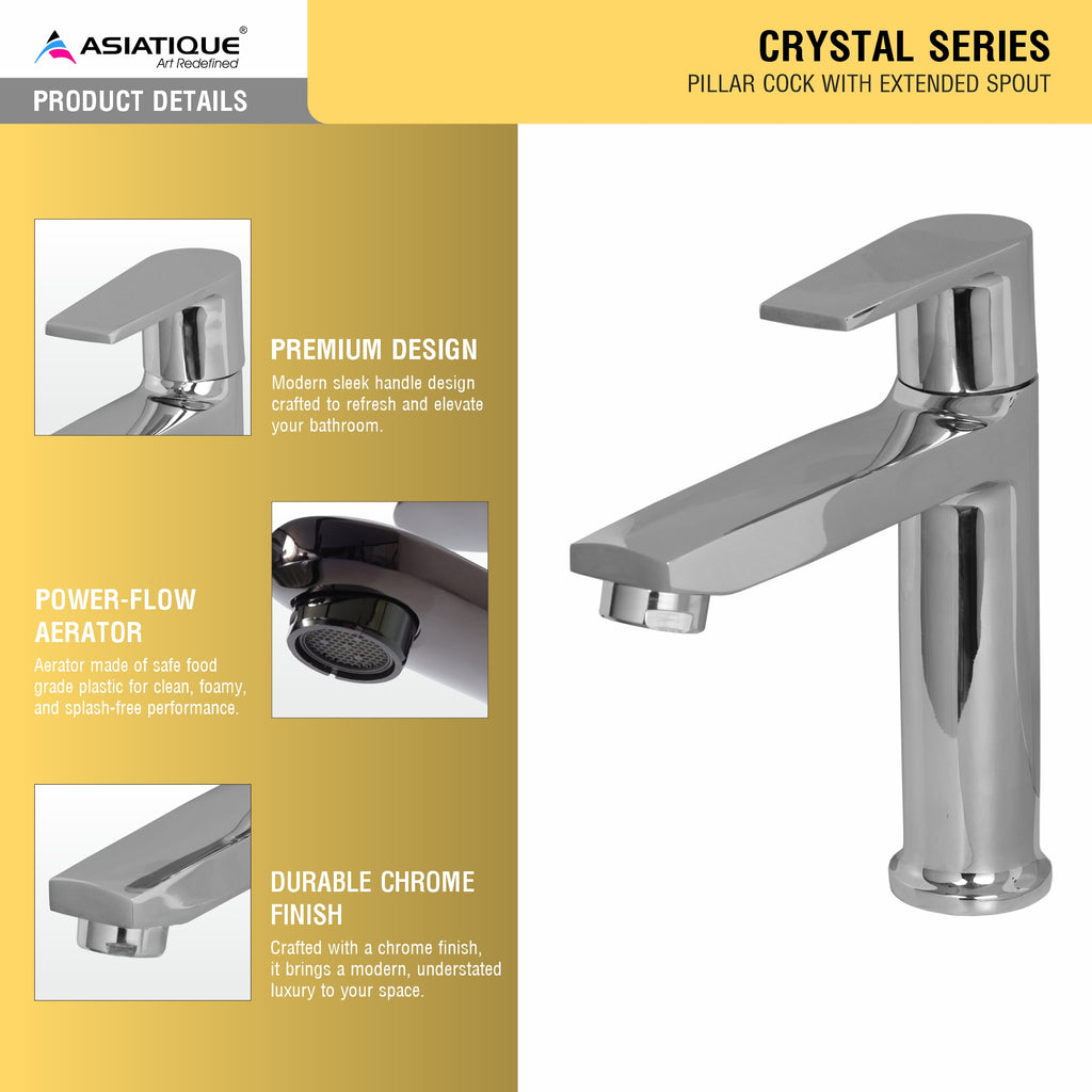 Asiatique Pillar Cock With Extended Spout (C-000A), Crystal Series Brass Faucet – Chrome Finish Bathroom & Kitchen Faucet with 15mm Cartridge