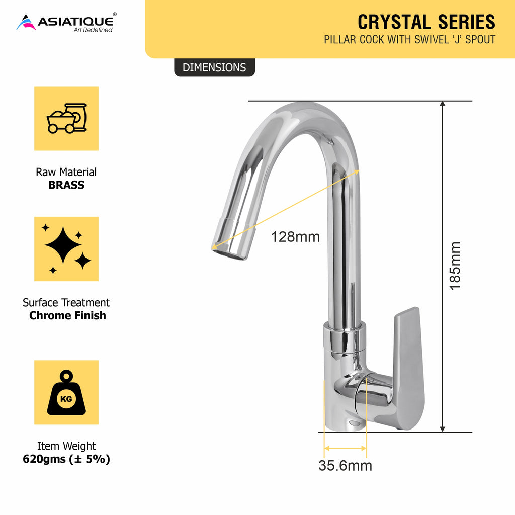 Asiatique Pillar Cock With Swivel ‘J’ Spout (C-002), Crystal Series Brass Faucet – Chrome Finish Bathroom & Kitchen Faucet with 15mm Cartridge