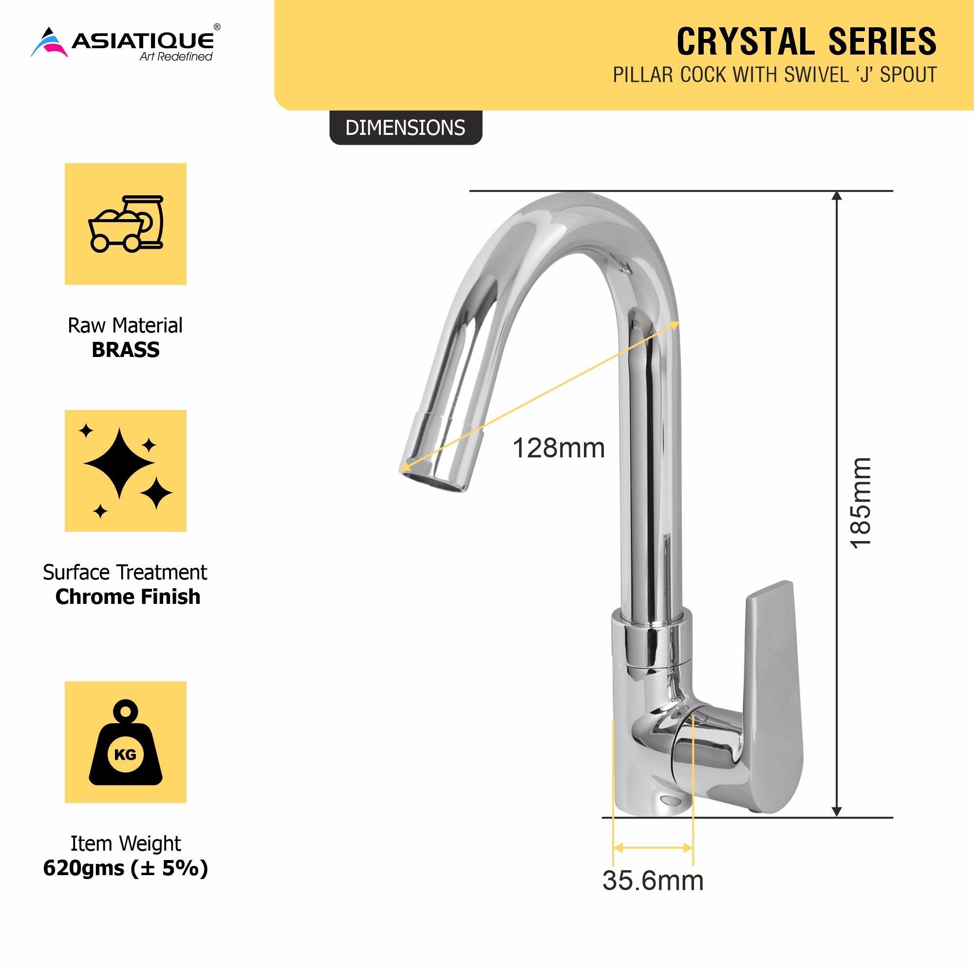 Asiatique Pillar Cock With Swivel ‘J’ Spout (C-002), Crystal Series Brass Faucet – Chrome Finish Bathroom & Kitchen Faucet with 15mm Cartridge