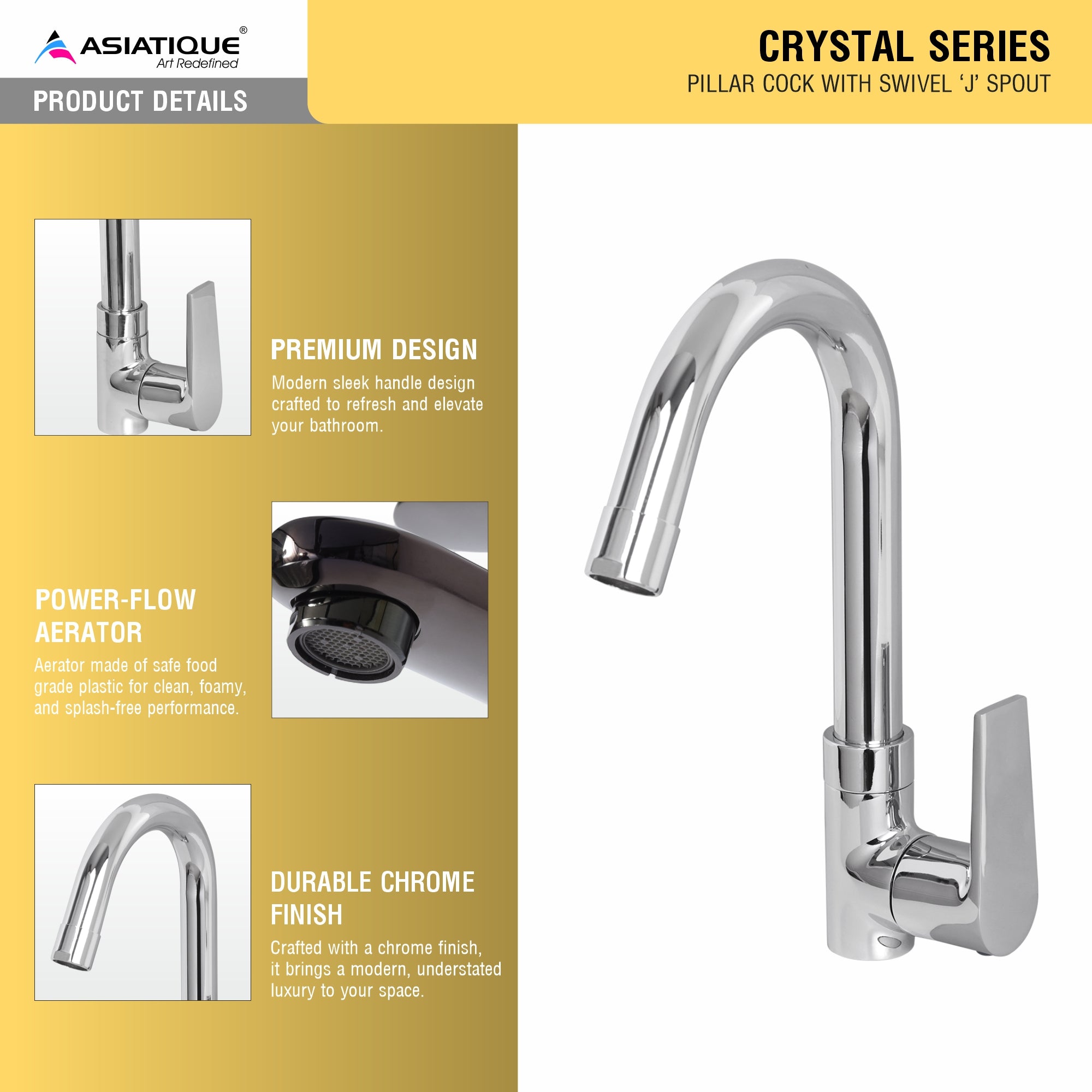Asiatique Pillar Cock With Swivel ‘J’ Spout (C-002), Crystal Series Brass Faucet – Chrome Finish Bathroom & Kitchen Faucet with 15mm Cartridge