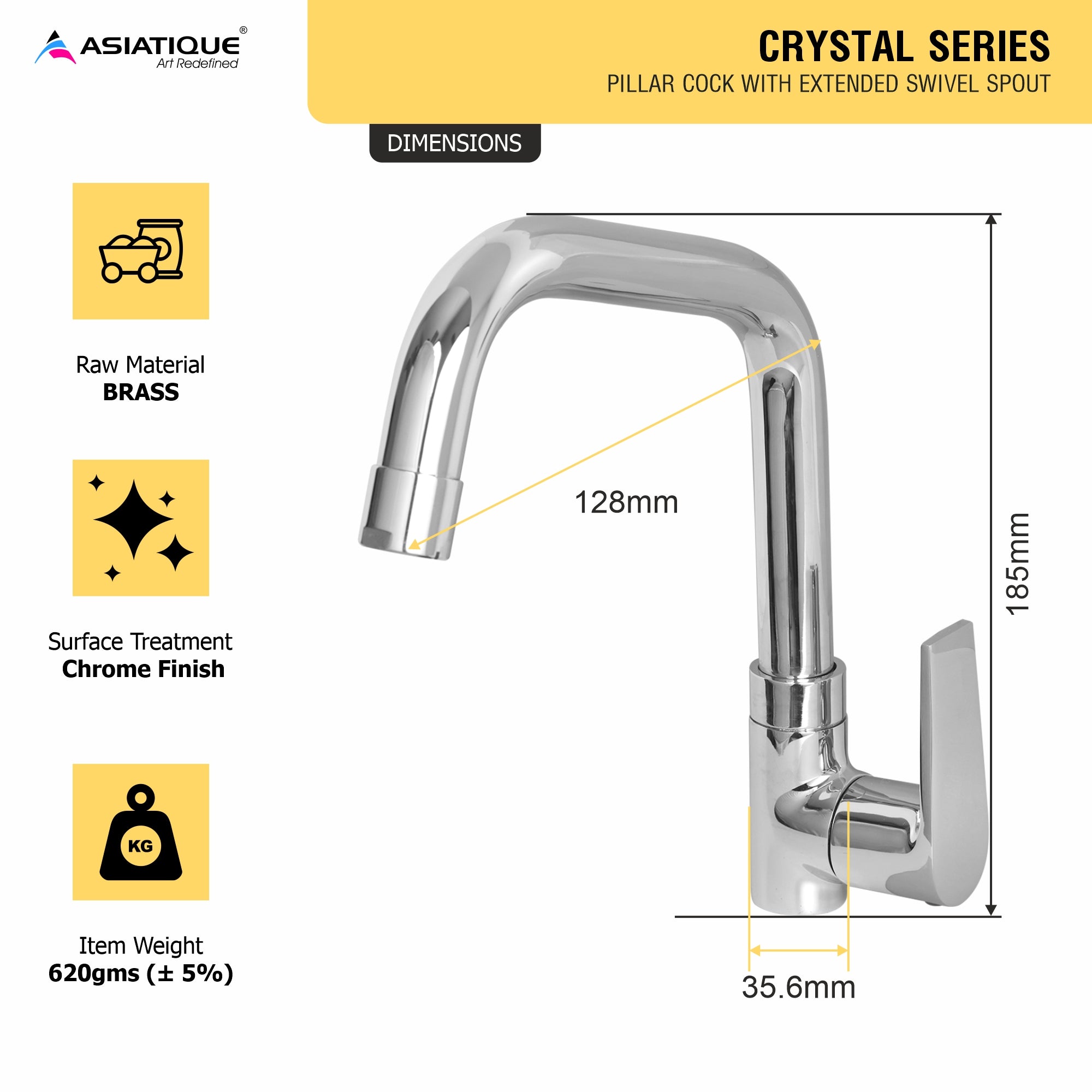 Asiatique Pillar Cock With Extended Swivel Spout (C-002EX), Crystal Series Brass Faucet – Chrome Finish Bathroom & Kitchen Faucet with 15mm Cartridge