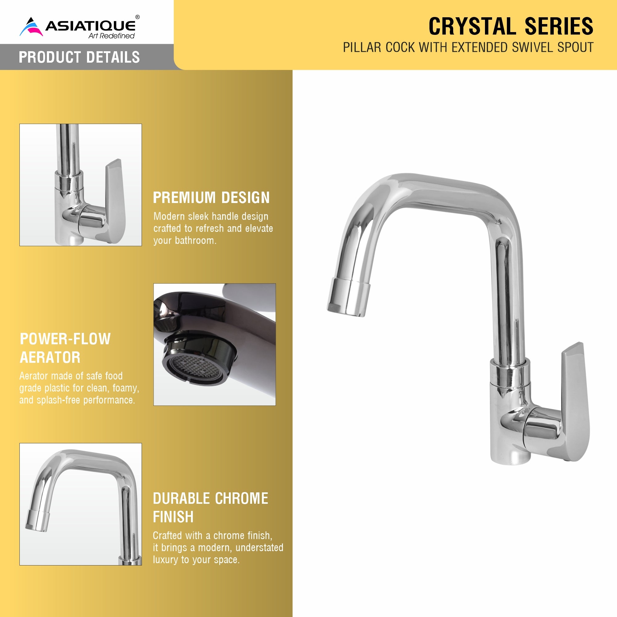 Asiatique Pillar Cock With Extended Swivel Spout (C-002EX), Crystal Series Brass Faucet – Chrome Finish Bathroom & Kitchen Faucet with 15mm Cartridge