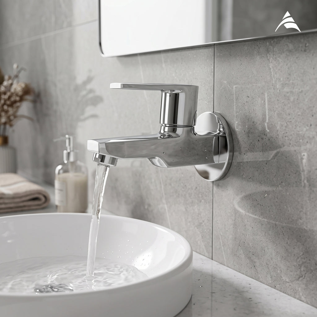 Asiatique Bib Cock With Wall Flange (C-003), Crystal Series Brass Faucet – Chrome Finish Bathroom & Kitchen Faucet with 15mm Cartridge