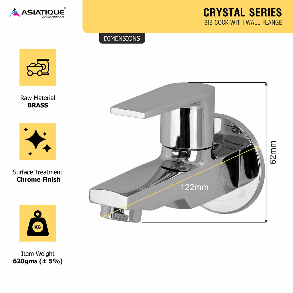 Asiatique Bib Cock With Wall Flange (C-003), Crystal Series Brass Faucet – Chrome Finish Bathroom & Kitchen Faucet with 15mm Cartridge