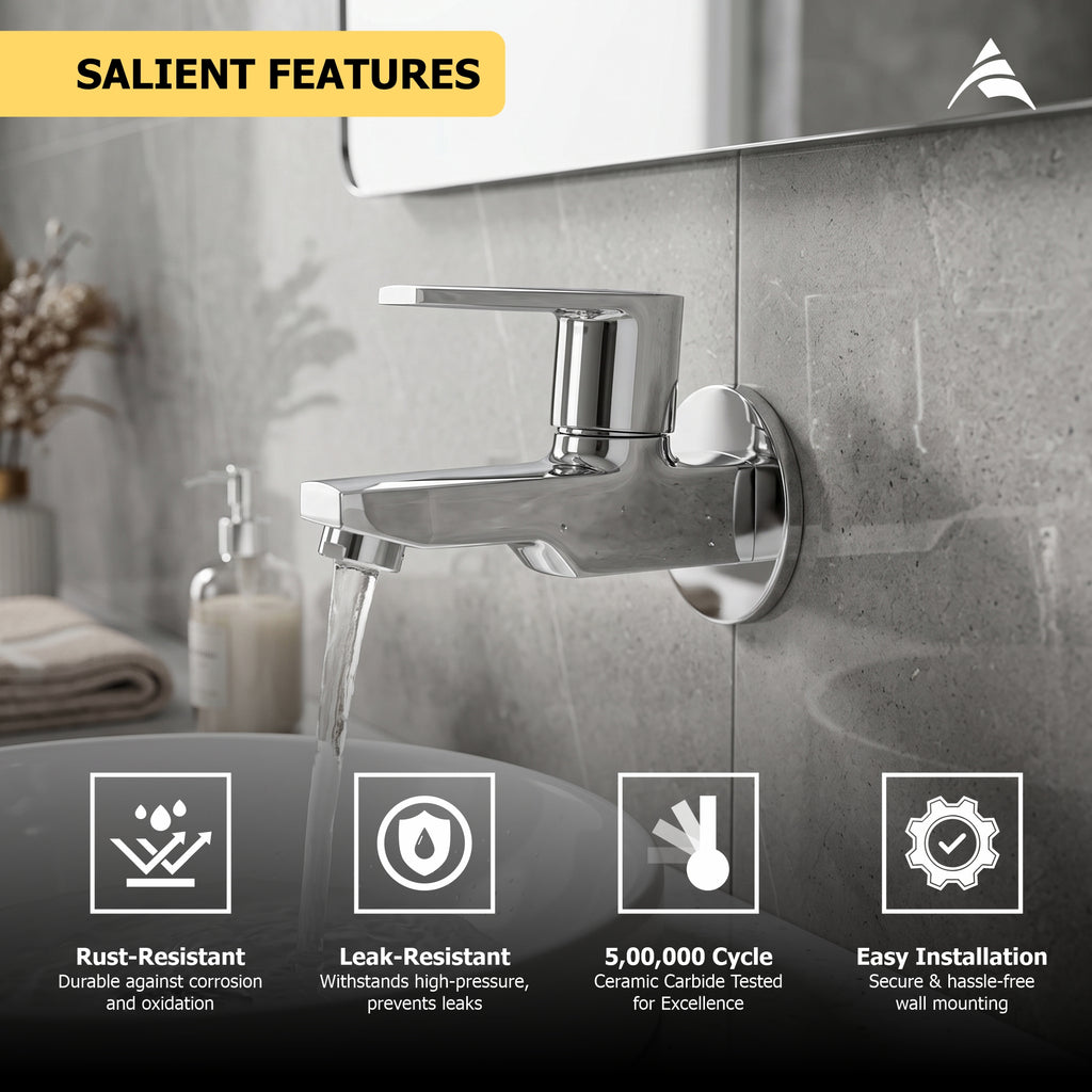 Asiatique Bib Cock With Wall Flange (C-003), Crystal Series Brass Faucet – Chrome Finish Bathroom & Kitchen Faucet with 15mm Cartridge