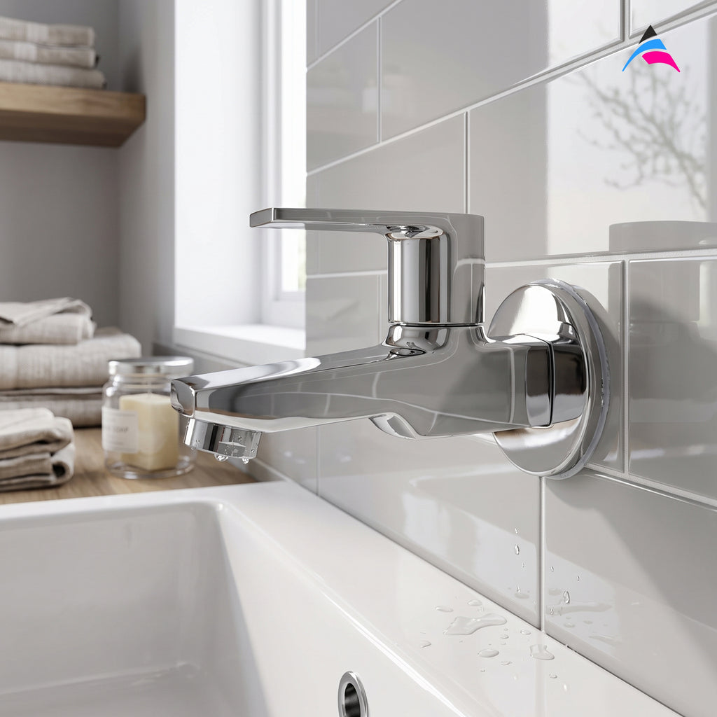 Asiatique Bib Cock Long Body With Wall Flange (C-004), Crystal Series Brass Faucet – Chrome Finish Bathroom & Kitchen Faucet with 15mm Cartridge
