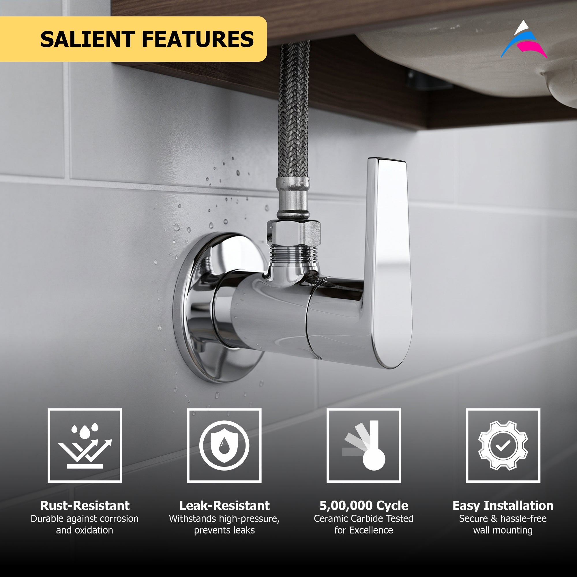 Asiatique Angle Cock With Wall Flange (C-005), Crystal Series Brass Faucet – Chrome Finish Bathroom & Kitchen Faucet with 15mm Cartridge