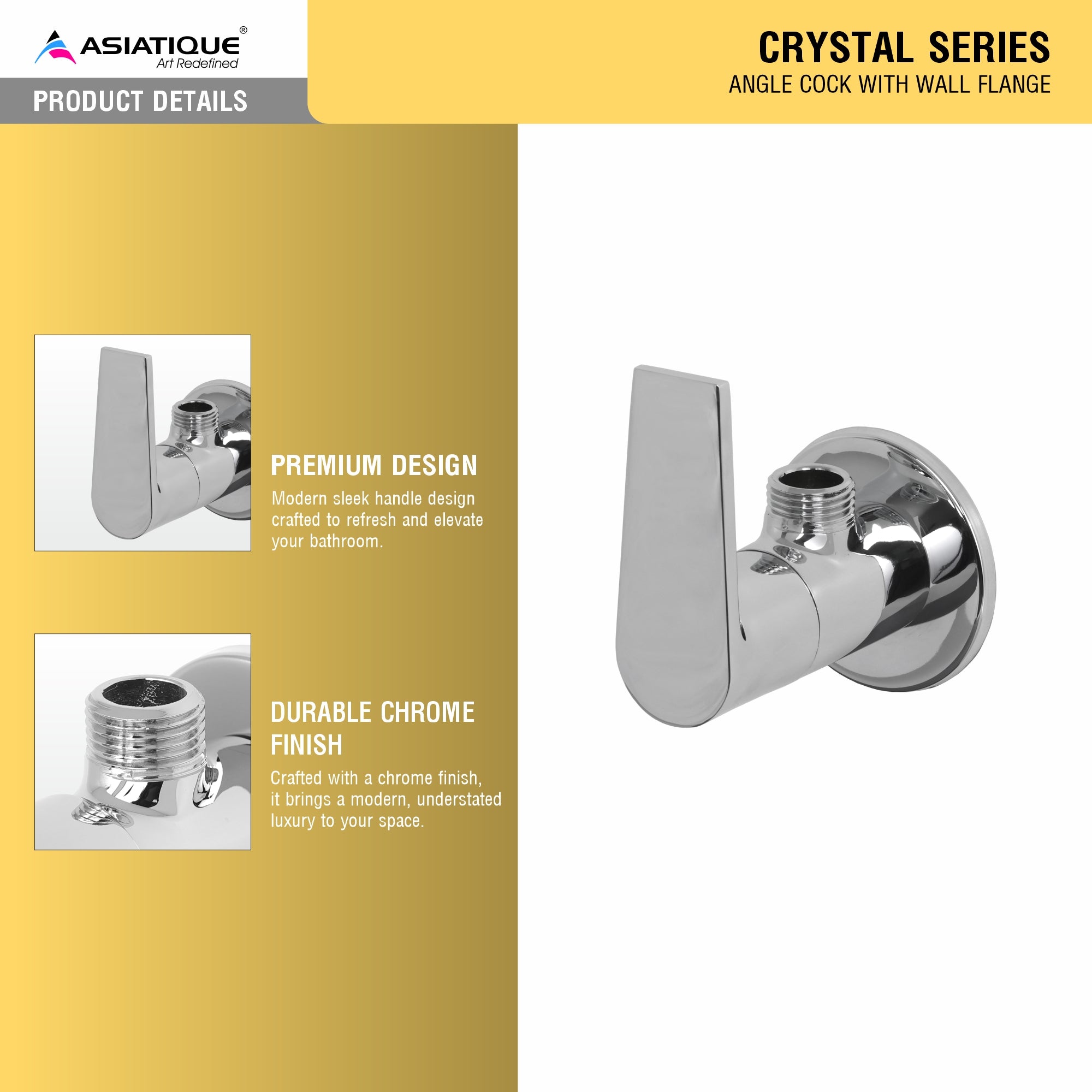 Asiatique Angle Cock With Wall Flange (C-005), Crystal Series Brass Faucet – Chrome Finish Bathroom & Kitchen Faucet with 15mm Cartridge