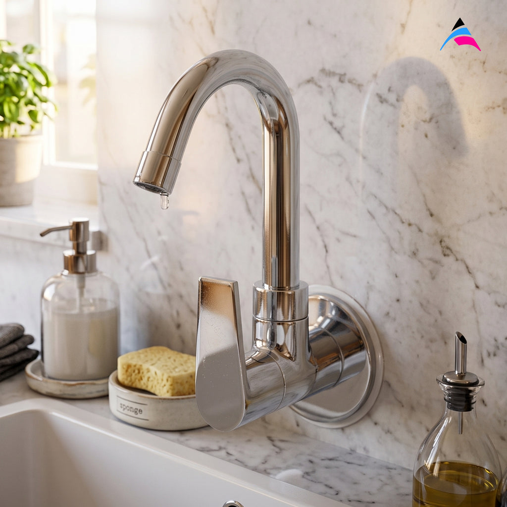 Asiatique Sink Cock With Swivel ‘J’ Spout Wall Mounted With Flange (C-008), Crystal Series Brass Faucet – Chrome Finish Bathroom & Kitchen Faucet with 15mm Cartridge