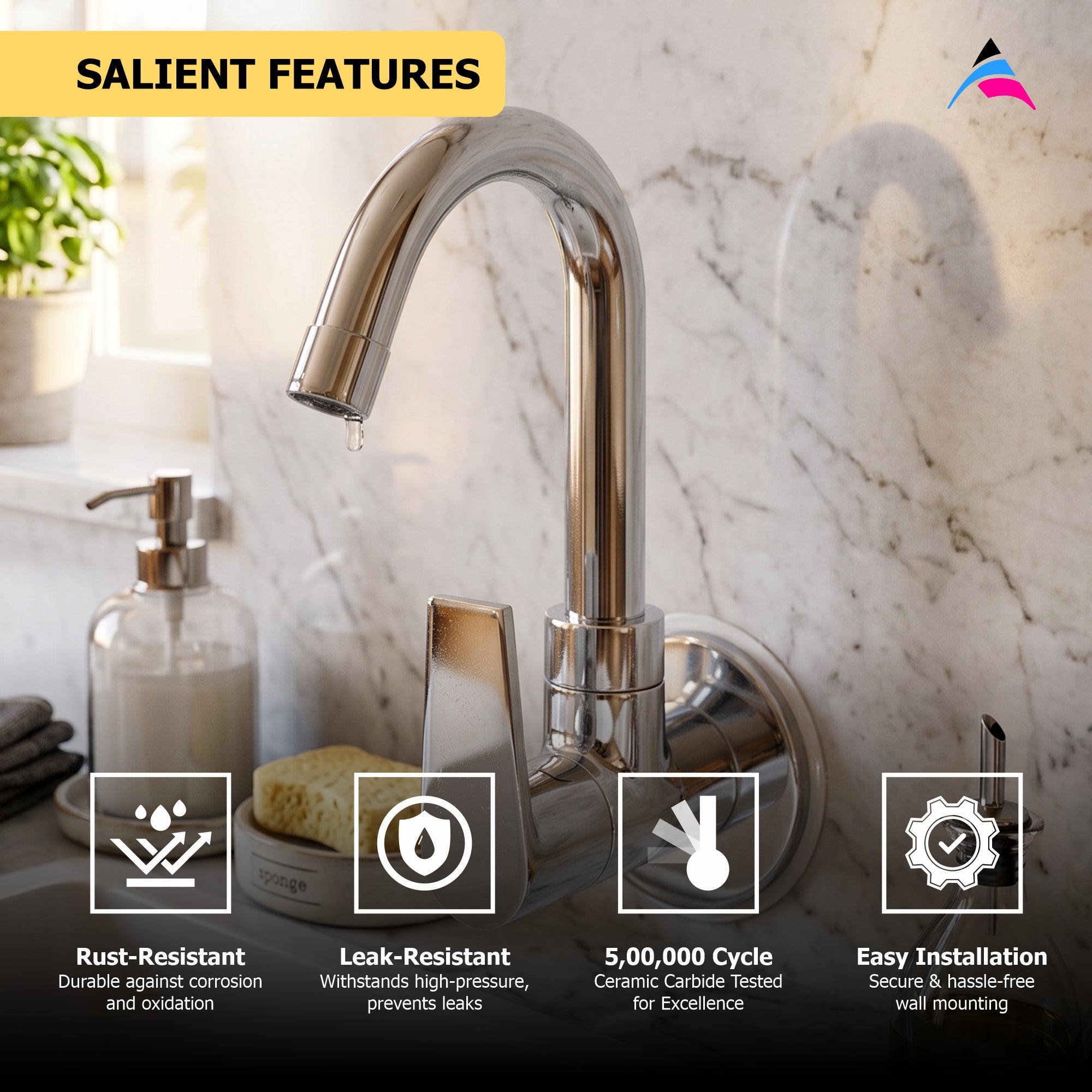 Asiatique Sink Cock With Swivel ‘J’ Spout Wall Mounted With Flange (C-008), Crystal Series Brass Faucet – Chrome Finish Bathroom & Kitchen Faucet with 15mm Cartridge
