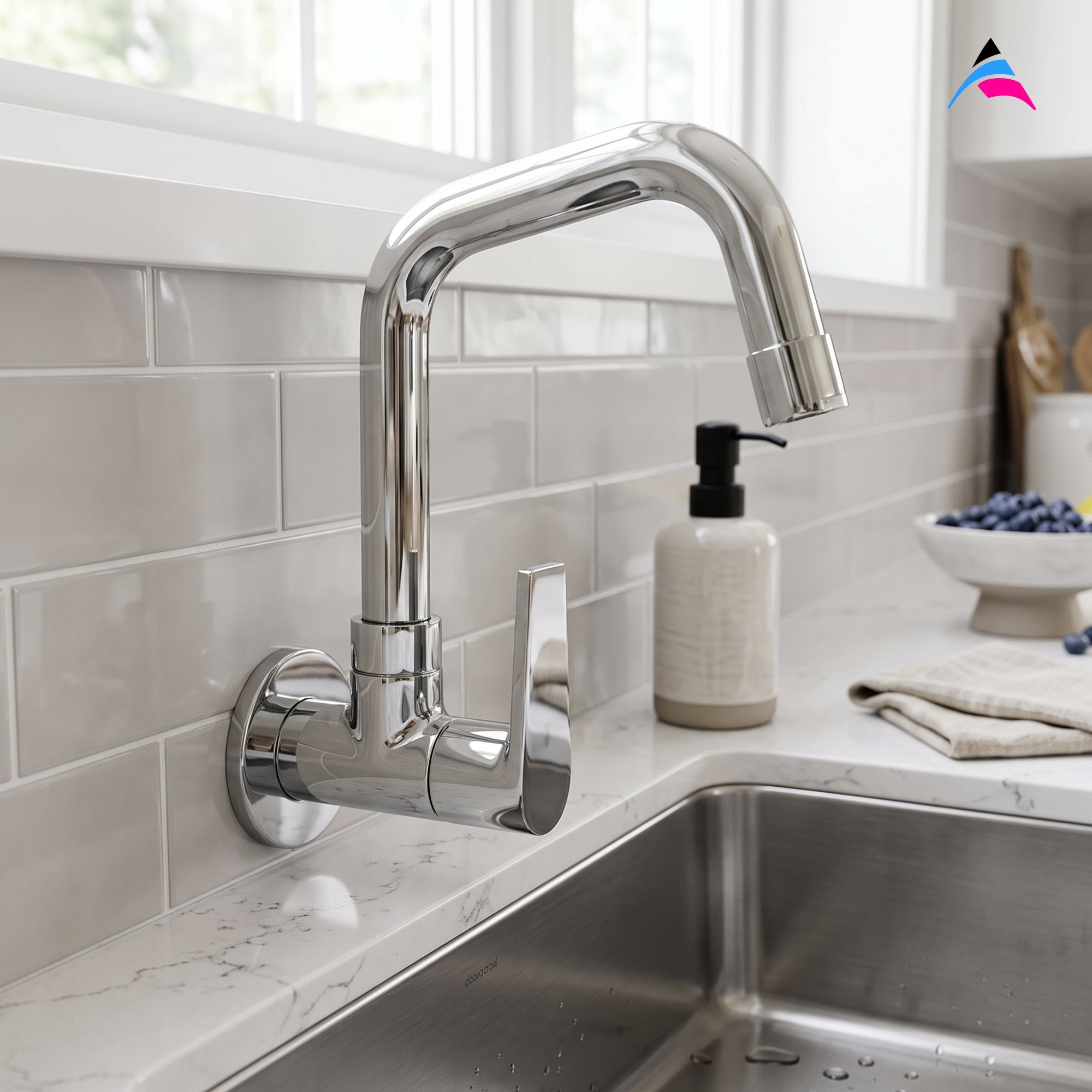 Asiatique Sink Cock With Extended Swivel Spout Wall Mounted With Flange (C-008EX), Crystal Series Brass Faucet – Chrome Finish Bathroom & Kitchen Faucet with 15mm Cartridge
