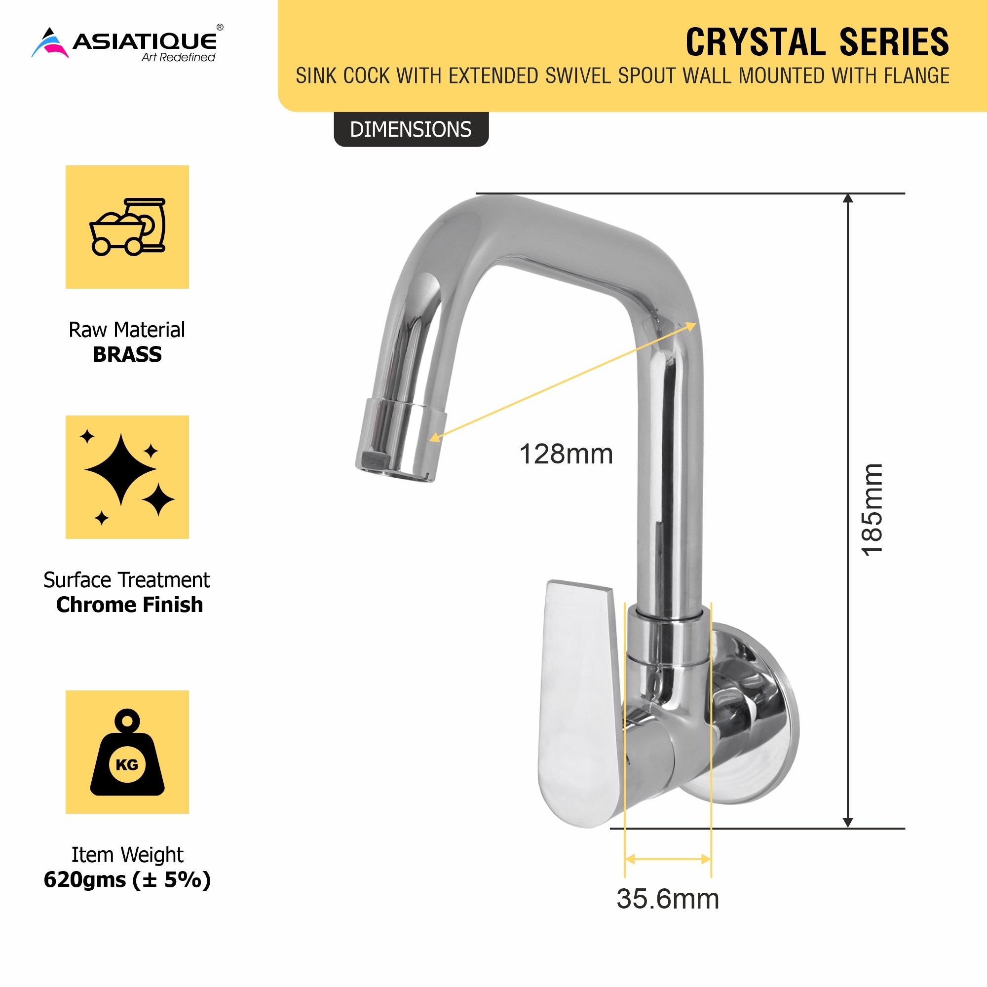 Asiatique Sink Cock With Extended Swivel Spout Wall Mounted With Flange (C-008EX), Crystal Series Brass Faucet – Chrome Finish Bathroom & Kitchen Faucet with 15mm Cartridge