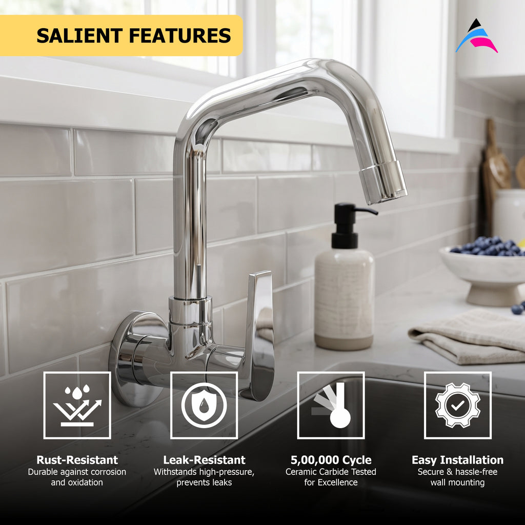 Asiatique Sink Cock With Extended Swivel Spout Wall Mounted With Flange (C-008EX), Crystal Series Brass Faucet – Chrome Finish Bathroom & Kitchen Faucet with 15mm Cartridge