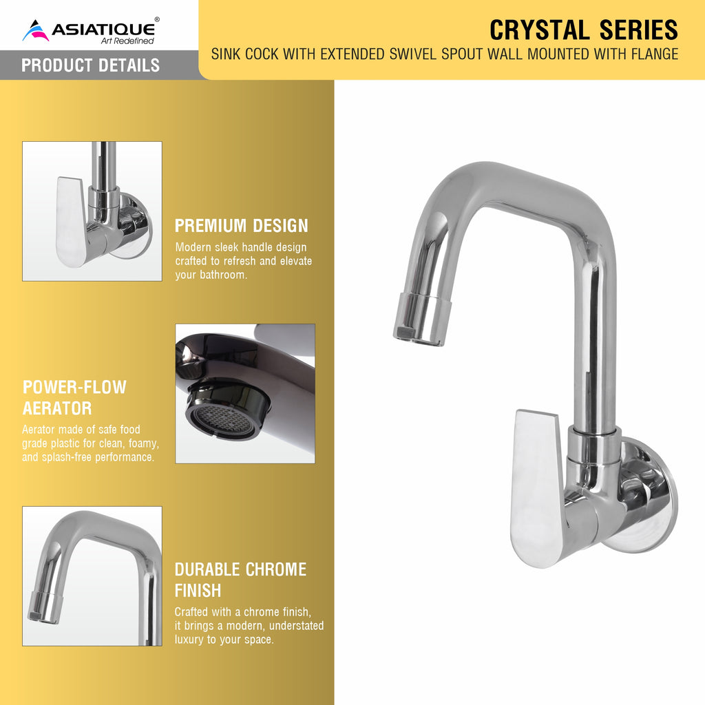 Asiatique Sink Cock With Extended Swivel Spout Wall Mounted With Flange (C-008EX), Crystal Series Brass Faucet – Chrome Finish Bathroom & Kitchen Faucet with 15mm Cartridge
