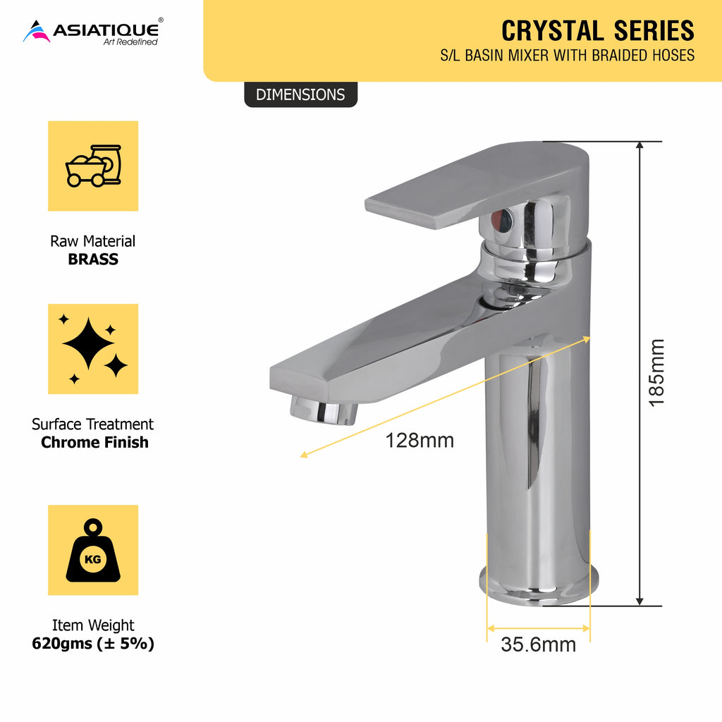 Asiatique S/L Basin Mixer With Braided Hoses (C-009), Crystal Series Brass Faucet – Chrome Finish Bathroom & Kitchen Faucet with 15mm Cartridge