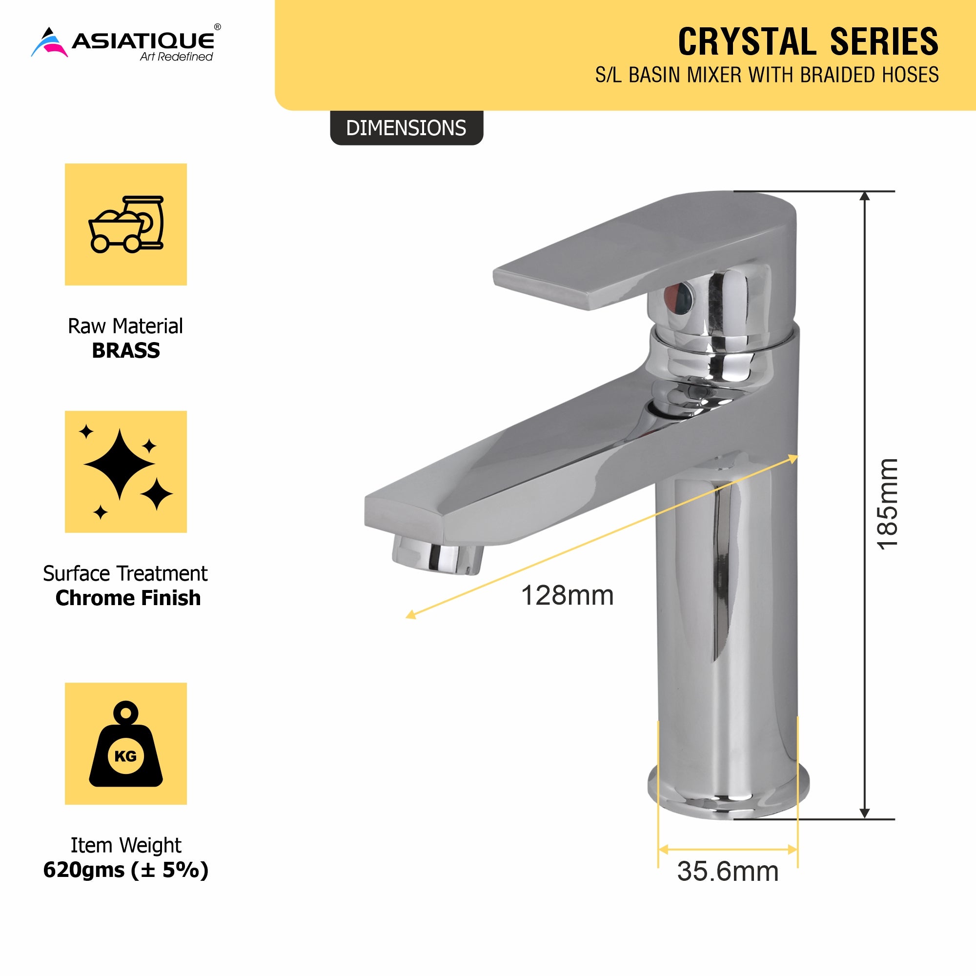 Asiatique S/L Basin Mixer With Braided Hoses (C-009), Crystal Series Brass Faucet – Chrome Finish Bathroom & Kitchen Faucet with 15mm Cartridge