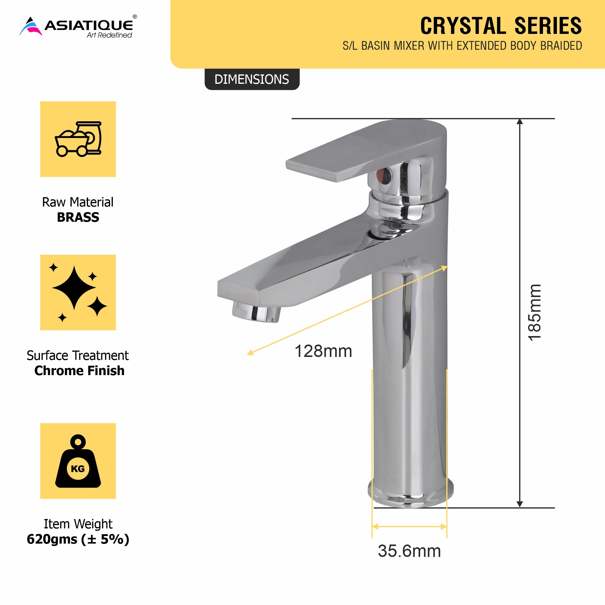 Asiatique S/L Basin Mixer With Extended Body Braided (C-009EX), Crystal Series Brass Faucet – Chrome Finish Bathroom & Kitchen Faucet with 15mm Cartridge