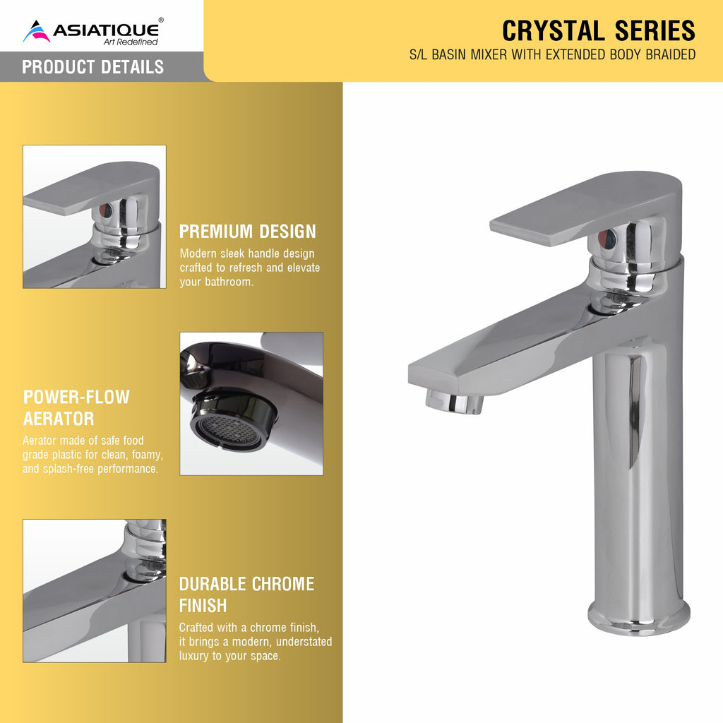 Asiatique S/L Basin Mixer With Extended Body Braided (C-009EX), Crystal Series Brass Faucet – Chrome Finish Bathroom & Kitchen Faucet with 15mm Cartridge