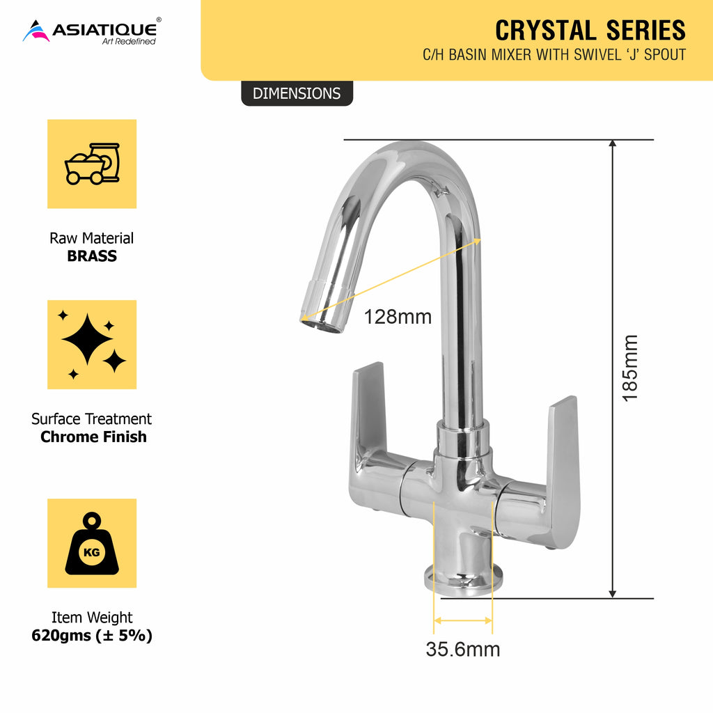 Asiatique C/H Basin Mixer With Swivel ‘J’ Spout (C-011), Crystal Series Brass Faucet – Chrome Finish Bathroom & Kitchen Faucet with 15mm Cartridge