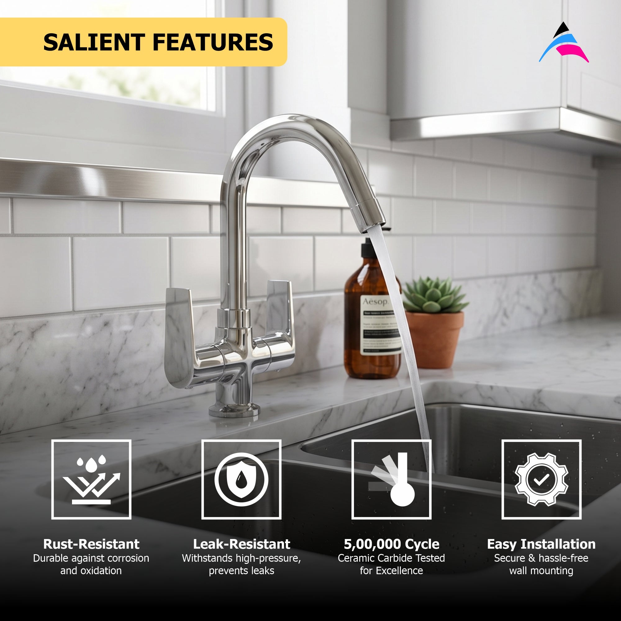 Asiatique C/H Basin Mixer With Swivel ‘J’ Spout (C-011), Crystal Series Brass Faucet – Chrome Finish Bathroom & Kitchen Faucet with 15mm Cartridge