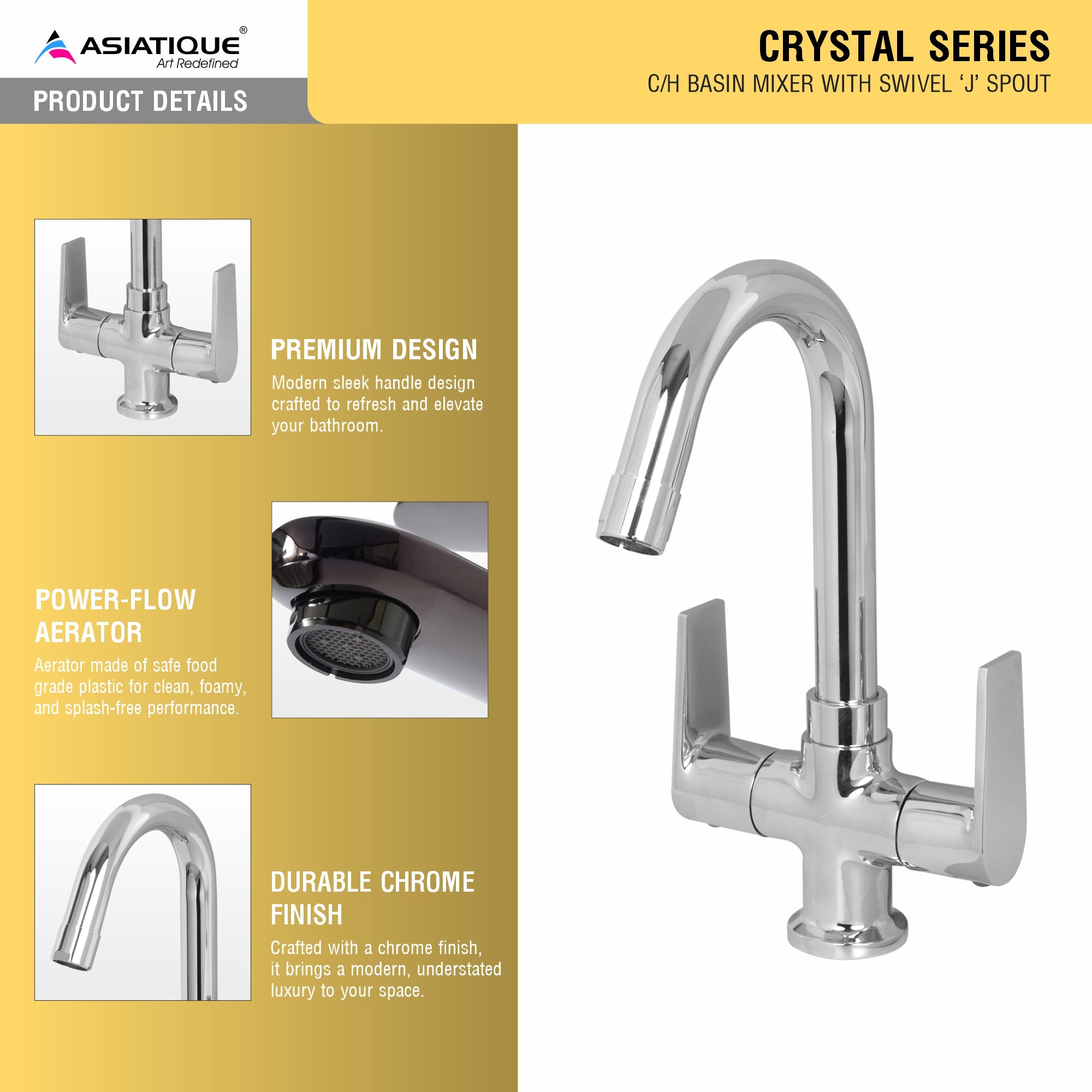 Asiatique C/H Basin Mixer With Swivel ‘J’ Spout (C-011), Crystal Series Brass Faucet – Chrome Finish Bathroom & Kitchen Faucet with 15mm Cartridge