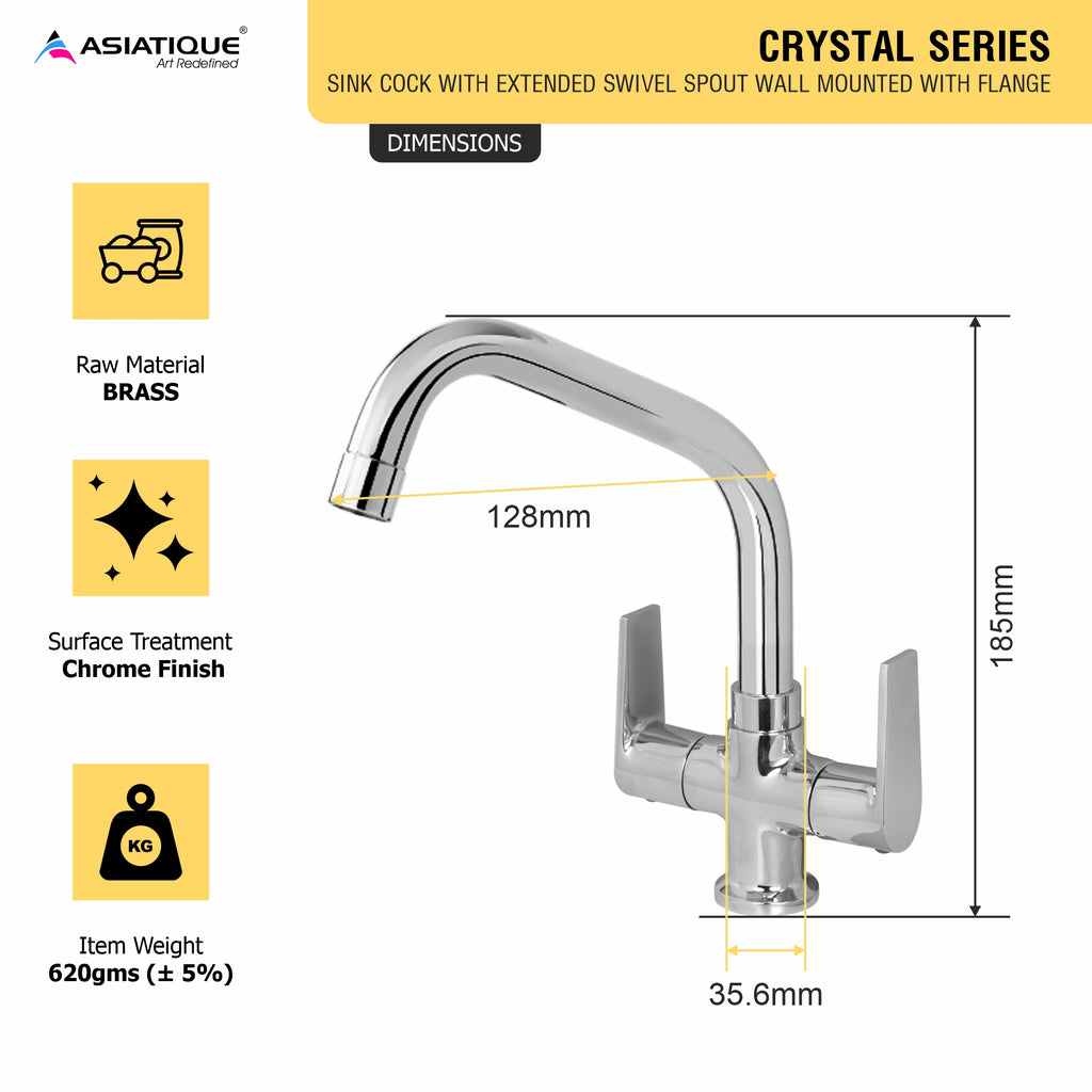 Asiatique C/H Basin Mixer With Extended Swivel Spout (C-011EX), Crystal Series Brass Faucet – Chrome Finish Bathroom & Kitchen Faucet with 15mm Cartridge